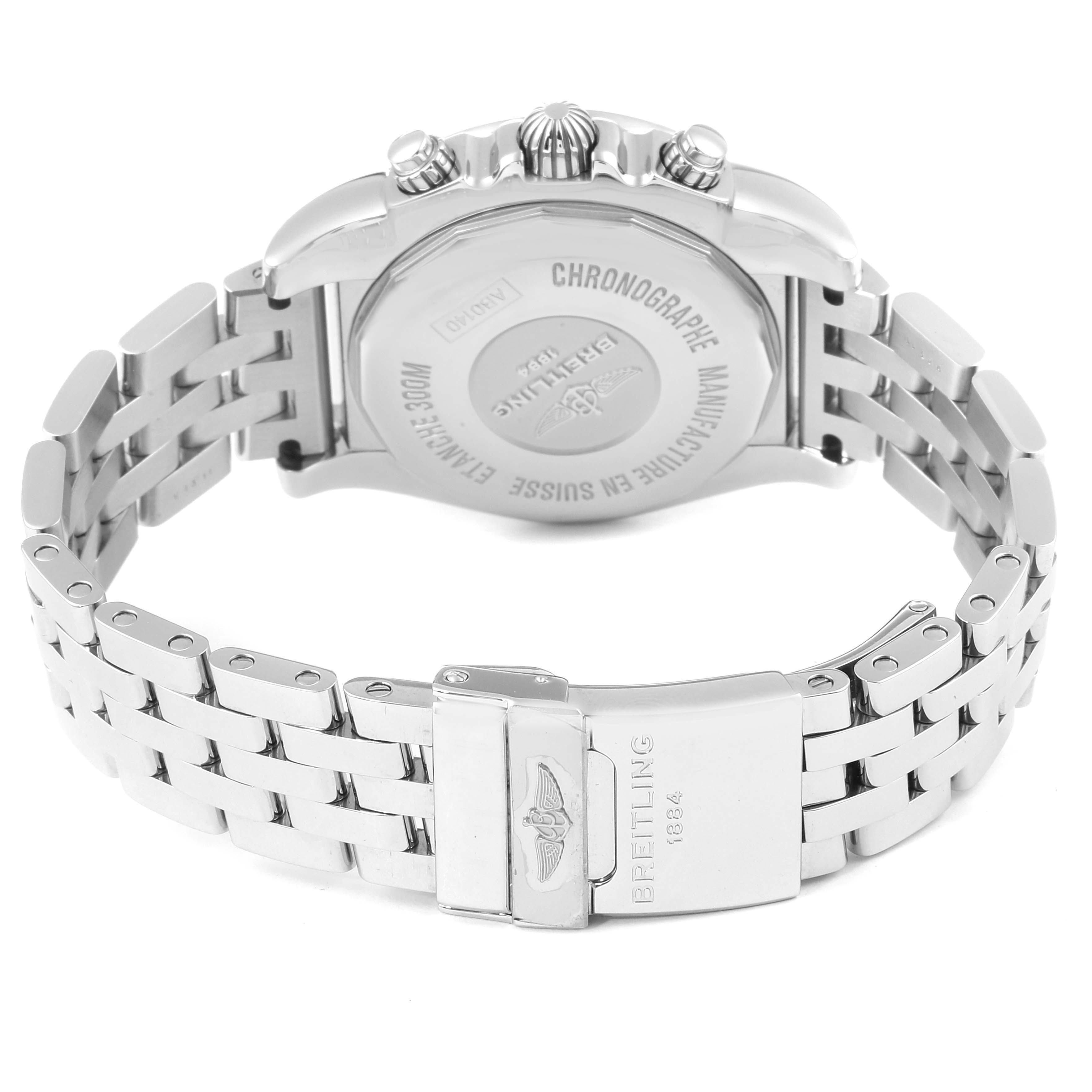 The image shows the back case and metal bracelet of a Breitling Chronomat AB0140 Men's Stainless Steel Brown Dial AB0140 Men's Stainless Steel Brown Dial watch, highlighting its clasp and engravings.