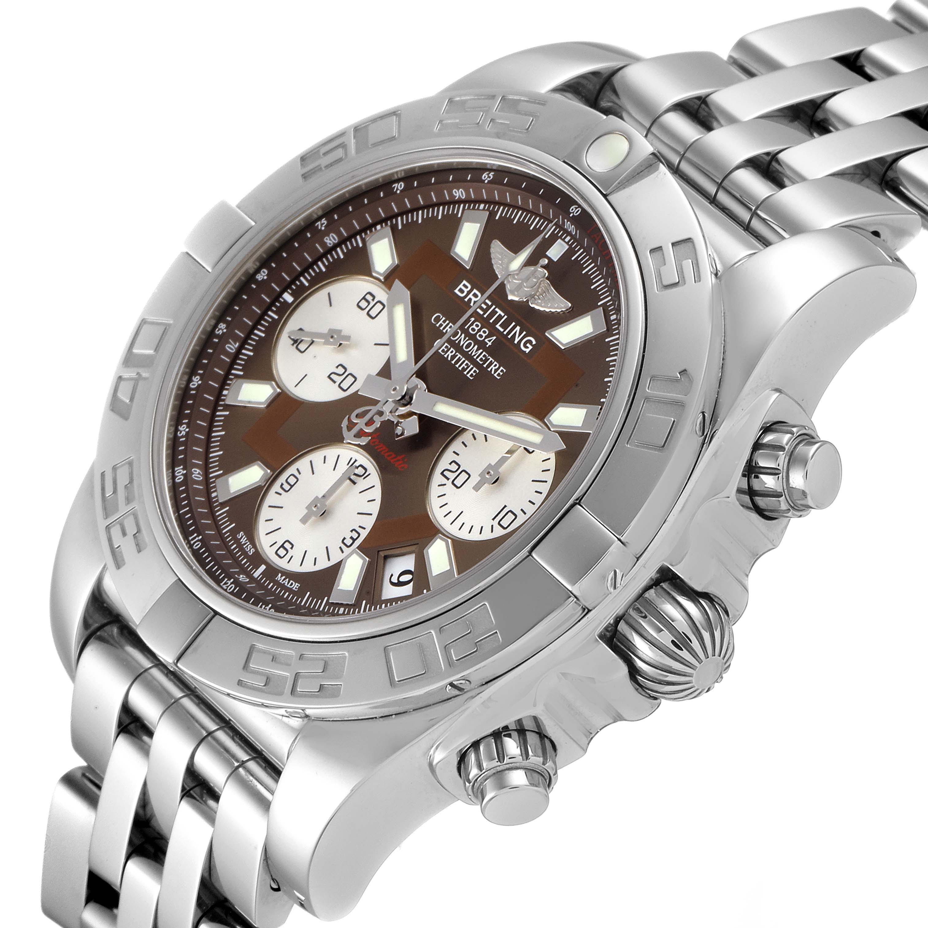 This image shows a side angle of the Breitling Chronomat AB0140 Men's Stainless Steel Brown Dial AB0140 Men's Stainless Steel Brown Dial watch, highlighting its face, bezel, crown, and metal bracelet.