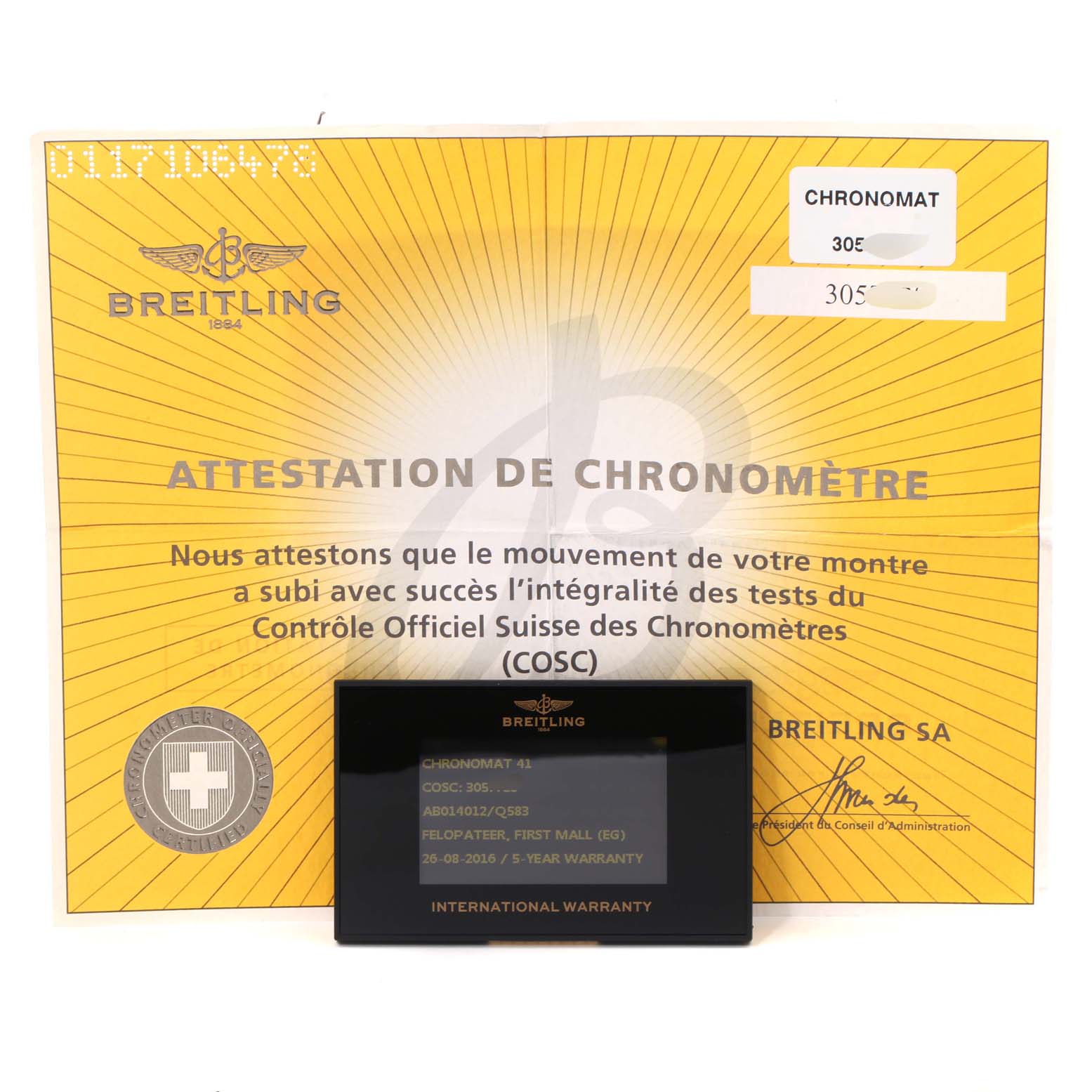 The image shows warranty and certification documents for the Breitling Chronomat AB0140 Men's Stainless Steel Brown Dial AB0140 Men's Stainless Steel Brown Dial watch model.