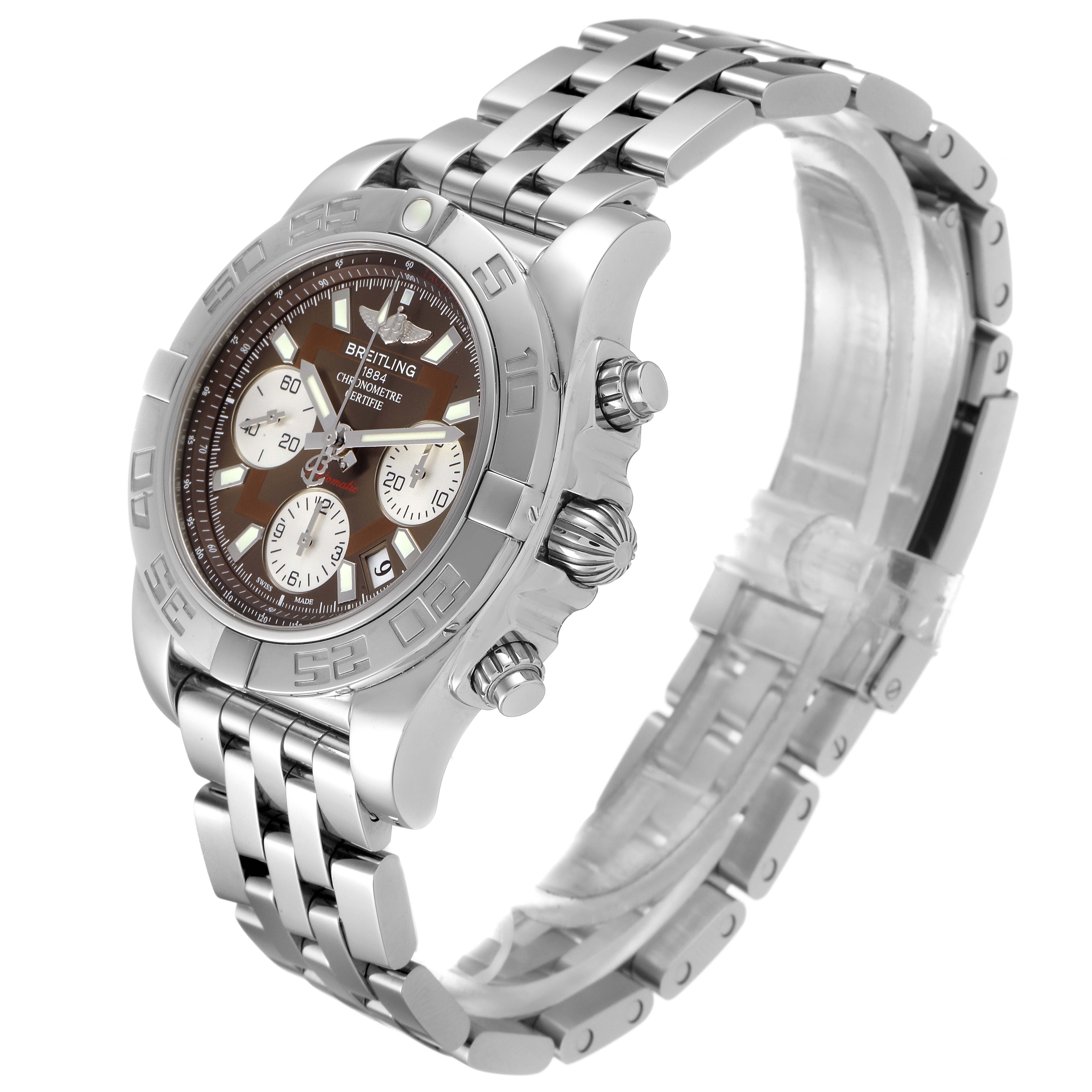 The image shows a side angle of the Breitling Chronomat AB0140 Men's Stainless Steel Brown Dial AB0140 Men's Stainless Steel Brown Dial watch, highlighting its bezel, face, crown, pushers, and metal bracelet.
