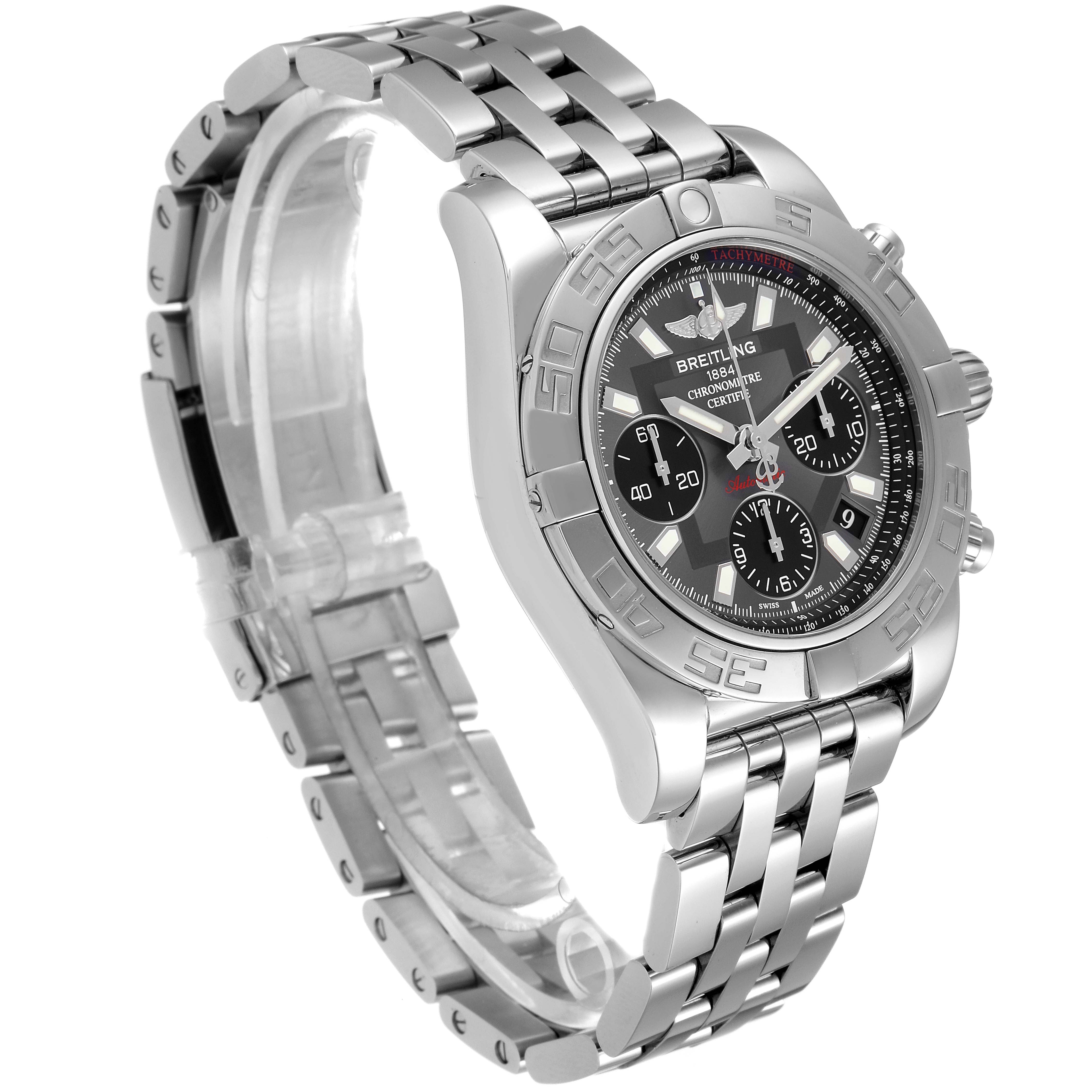This image shows a side view of a Breitling Chronomat AB0140 Men
s Stainless Steel Grey Dial AB0140 Men
s Stainless Steel Grey Dial watch displaying the bracelet, bezel, and dial.