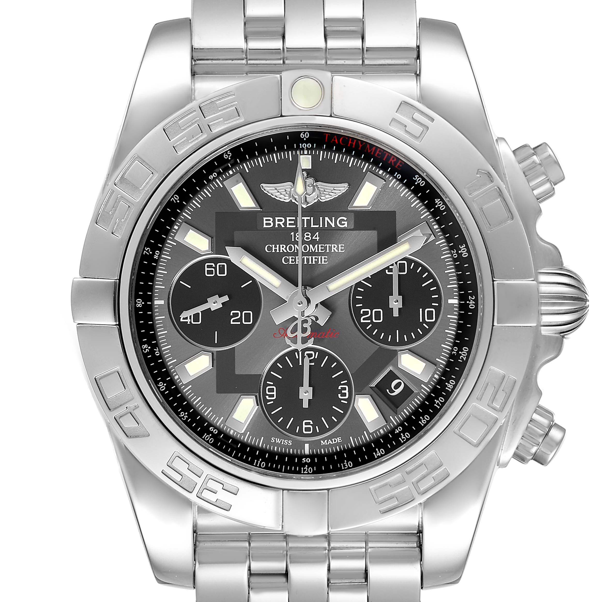 The image displays a front view of the Breitling Chronomat AB0140 Men
s Stainless Steel Grey Dial AB0140 Men
s Stainless Steel Grey Dial watch, highlighting its dial, bezel, and bracelet.