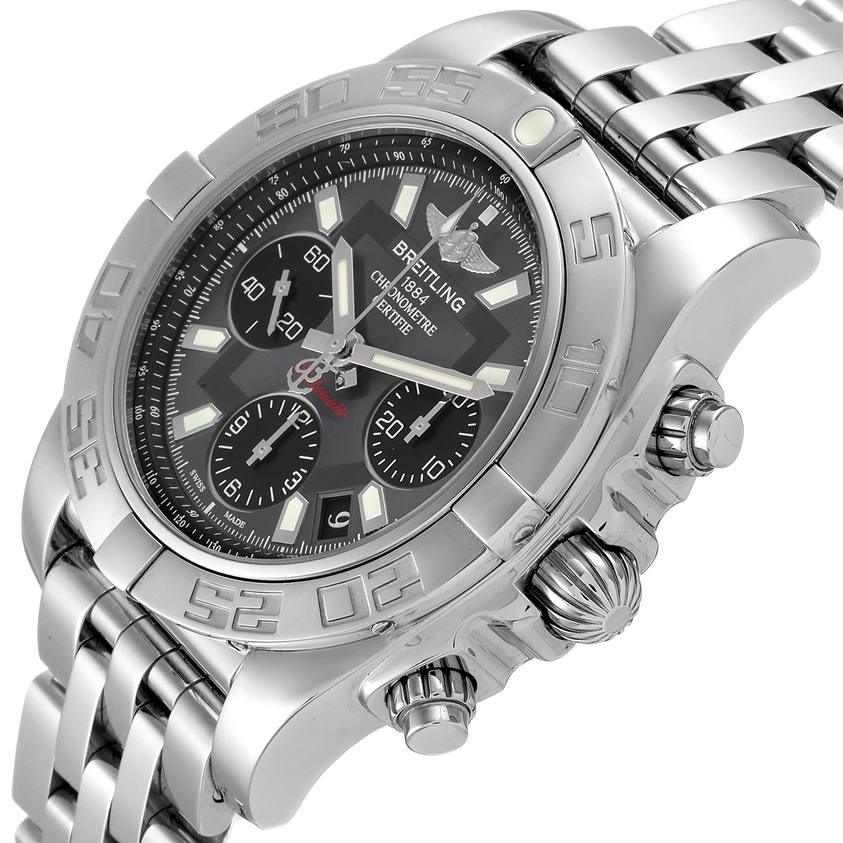 The Breitling Chronomat AB0140 Men
s Stainless Steel Grey Dial AB0140 Men
s Stainless Steel Grey Dial watch is shown from an angled view, highlighting the face, bezel, crown, and part of the bracelet.