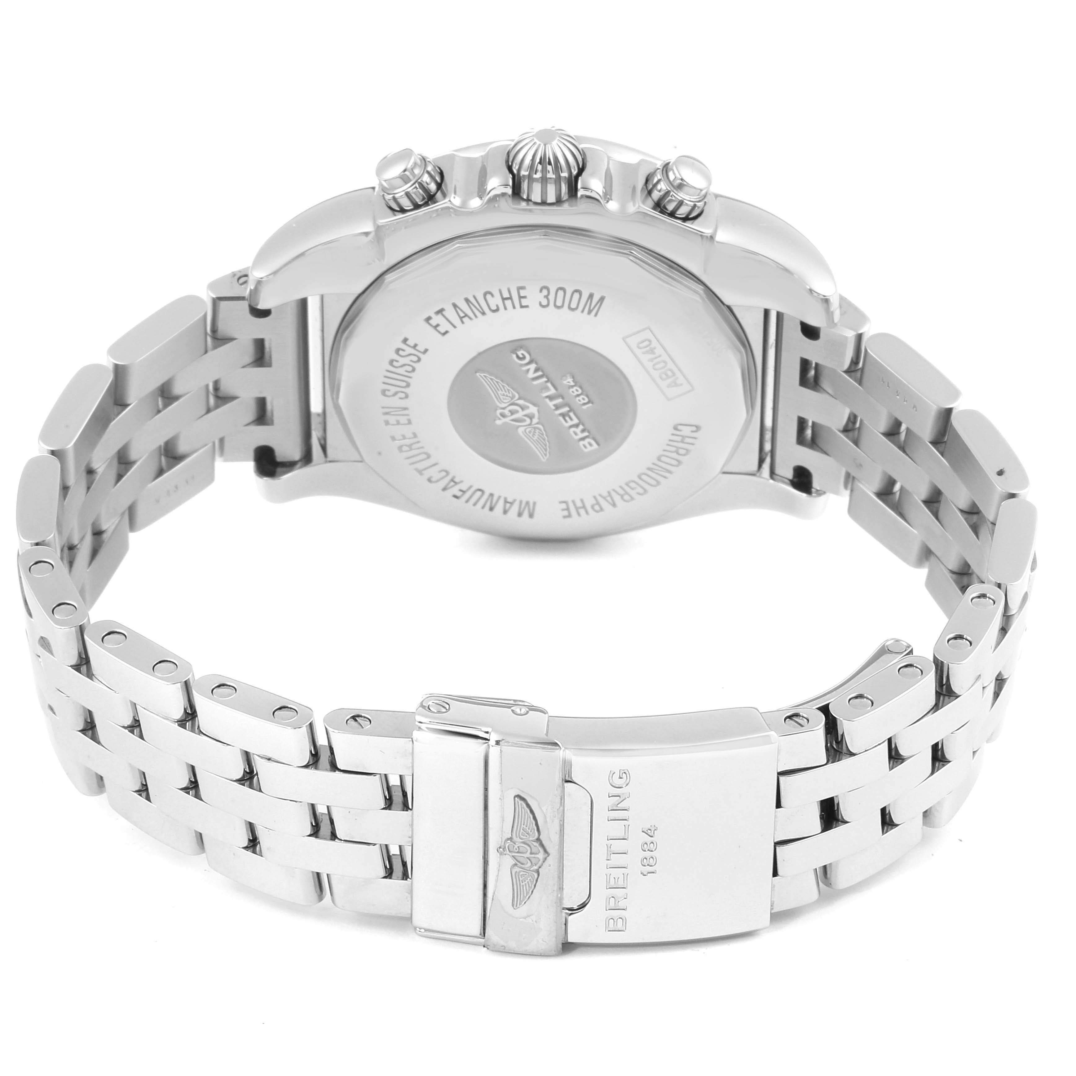 The image shows the back view of a Breitling Chronomat AB0140 Men
s Stainless Steel Grey Dial AB0140 Men
s Stainless Steel Grey Dial watch, displaying the case back, bracelet, and clasp.