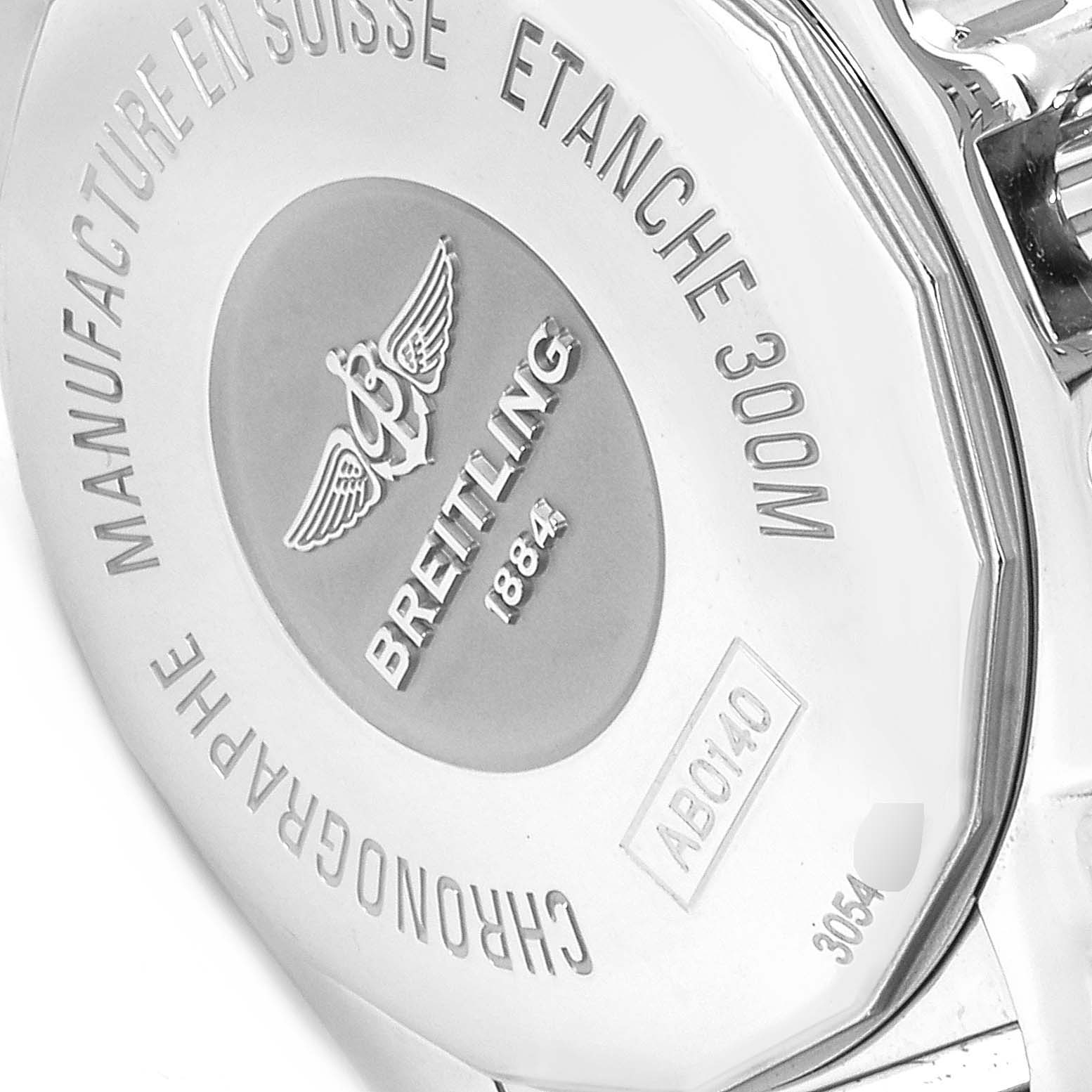 This image shows the engraved case back of a Breitling Chronomat AB0140 Men
s Stainless Steel Grey Dial AB0140 Men
s Stainless Steel Grey Dial watch.