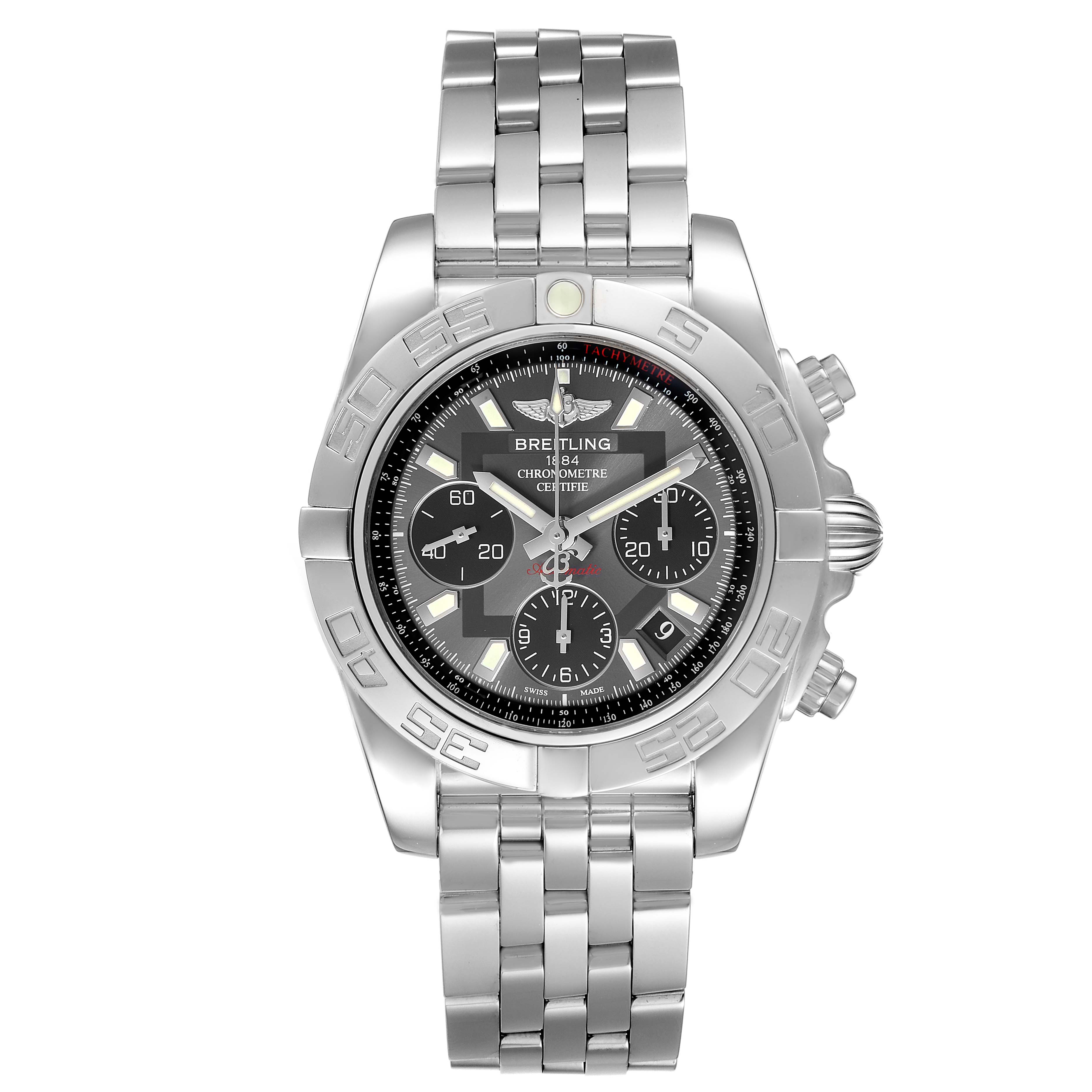 The image shows a front view of the Breitling Chronomat AB0140 Men
s Stainless Steel Grey Dial AB0140 Men
s Stainless Steel Grey Dial watch, highlighting its face, bezel, and metal bracelet.