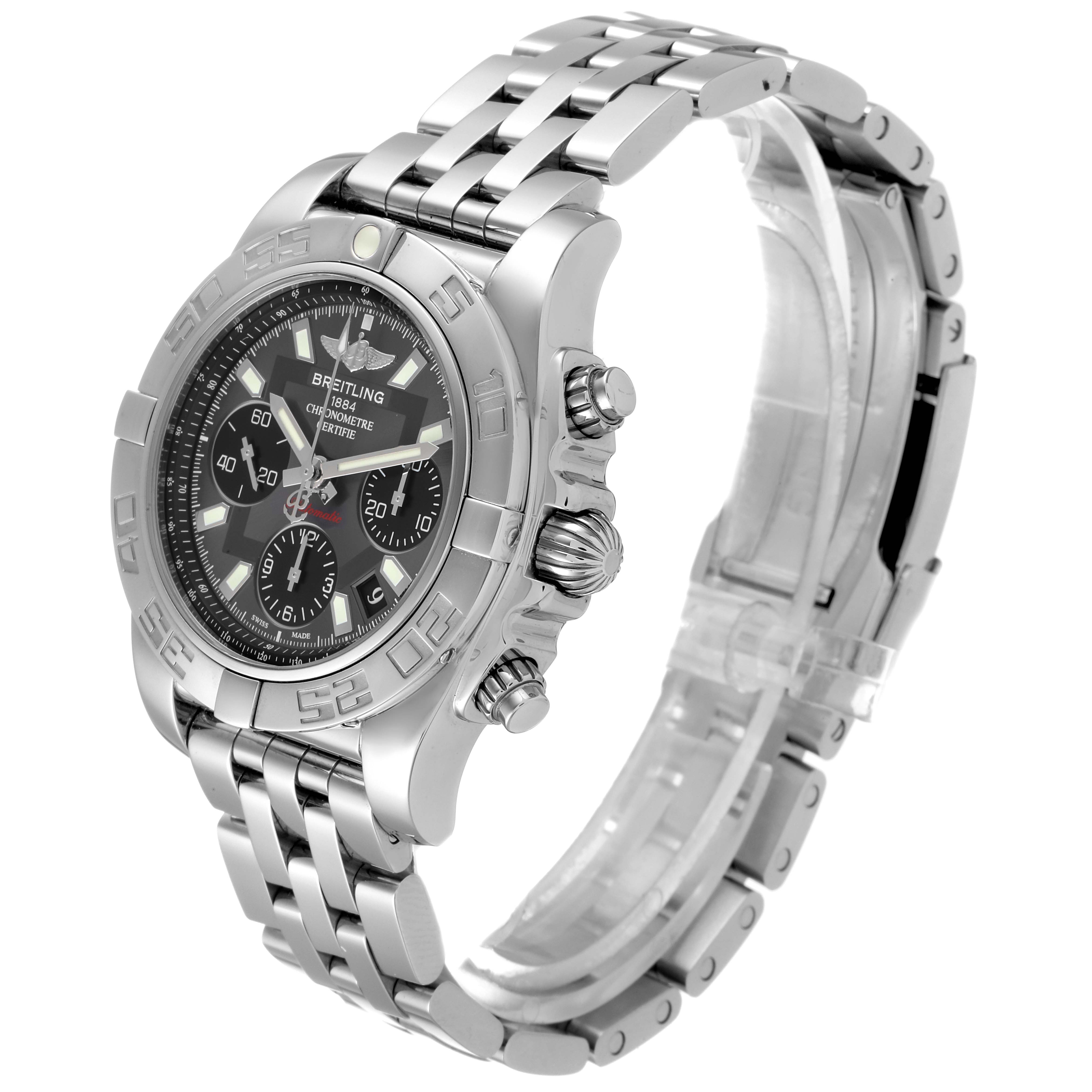 The image shows a Breitling Chronomat AB0140 Men
s Stainless Steel Grey Dial AB0140 Men
s Stainless Steel Grey Dial watch at a three-quarter angle, highlighting the face, bezel, and metal bracelet.
