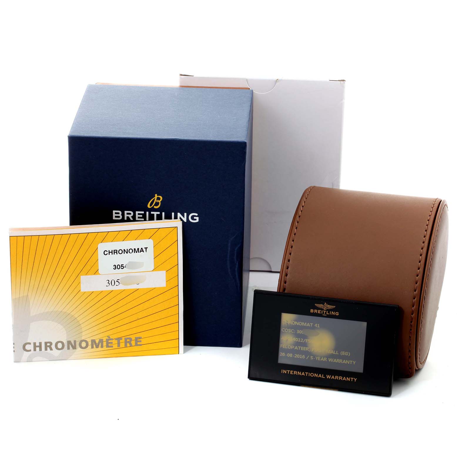 The image shows a Breitling Chronomat AB0140 Men
s Stainless Steel Grey Dial AB0140 Men
s Stainless Steel Grey Dial watch box, leather case, warranty card, and booklet from a front angle.