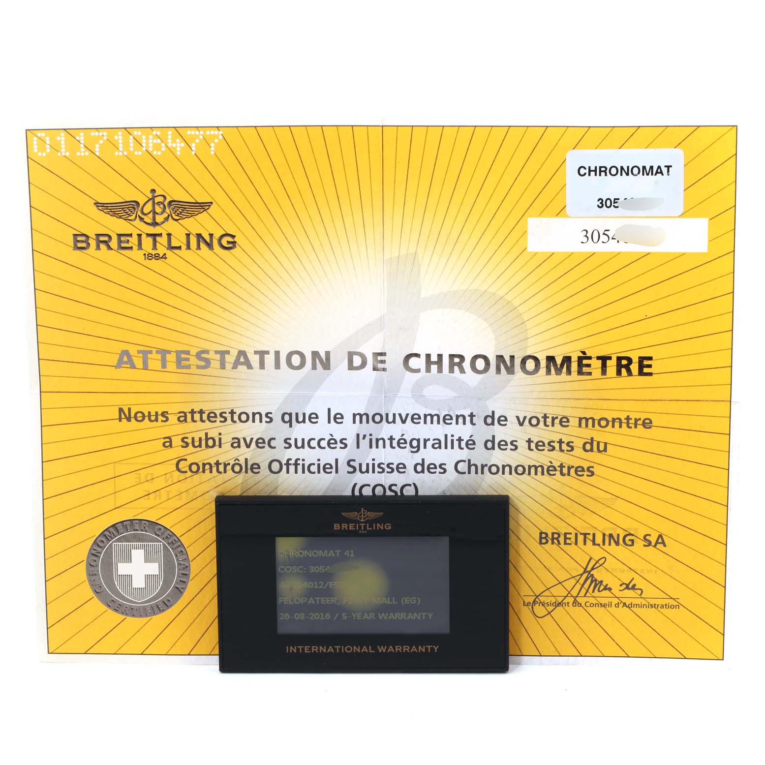 The image shows a Breitling Chronomat AB0140 Men
s Stainless Steel Grey Dial AB0140 Men
s Stainless Steel Grey Dial model certificate and an international warranty card.