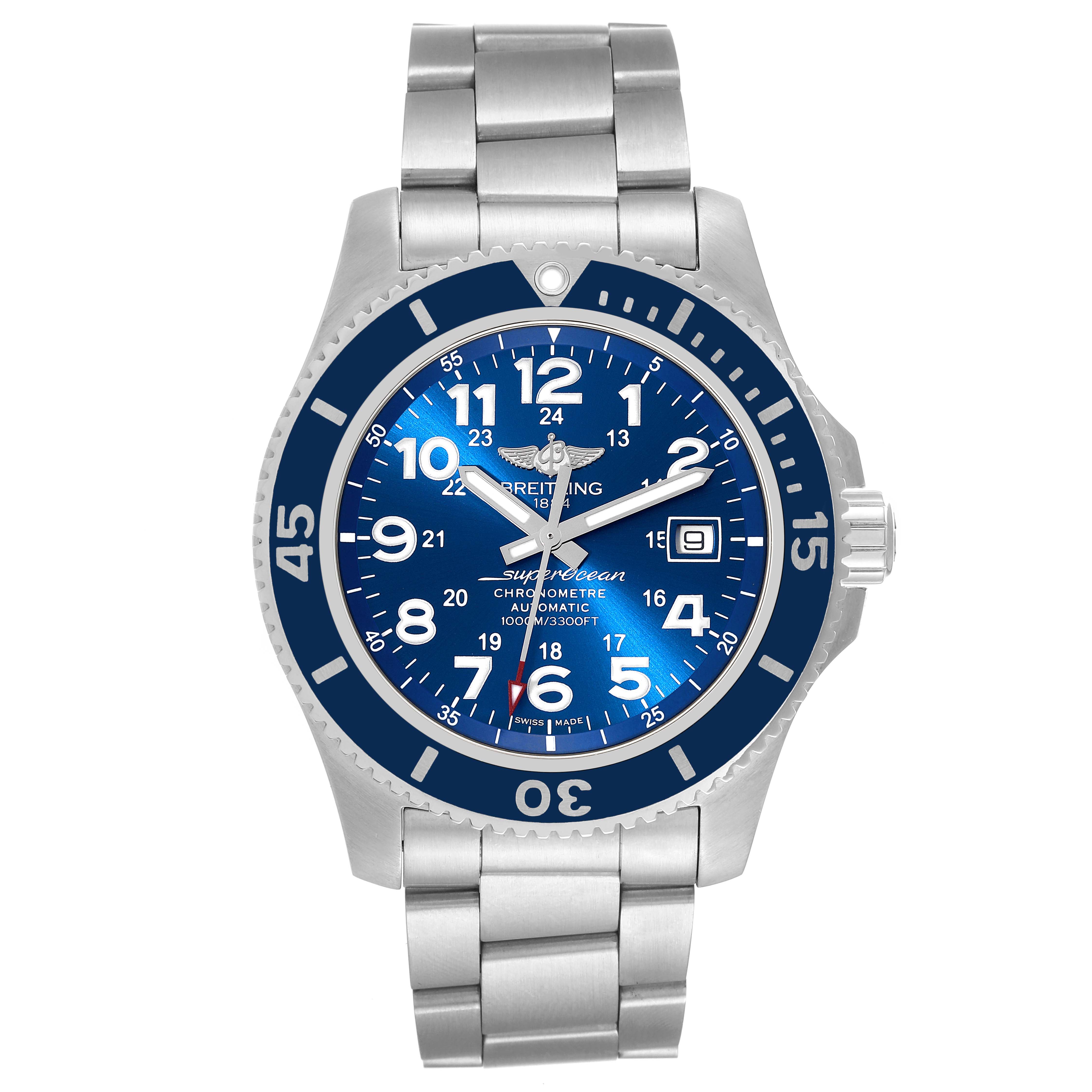 This image shows a frontal view of a Breitling Superocean A17392D8/C910 Men's Stainless Steel Blue Dial A17392D8/C910 Men's Stainless Steel Blue Dial watch featuring a blue dial and silver bracelet.