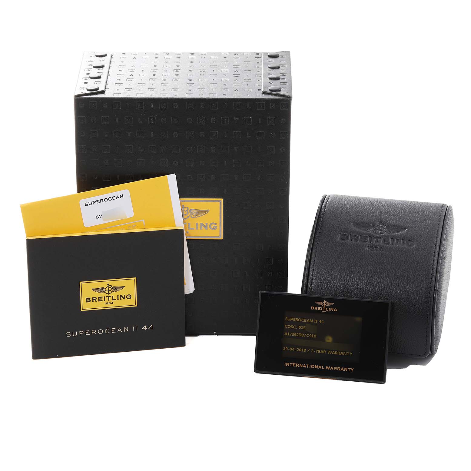 The image shows the box, manuals, warranty card, and travel case for the Breitling Superocean A17392D8/C910 Men's Stainless Steel Blue Dial A17392D8/C910 Men's Stainless Steel Blue Dial II 44 watch.