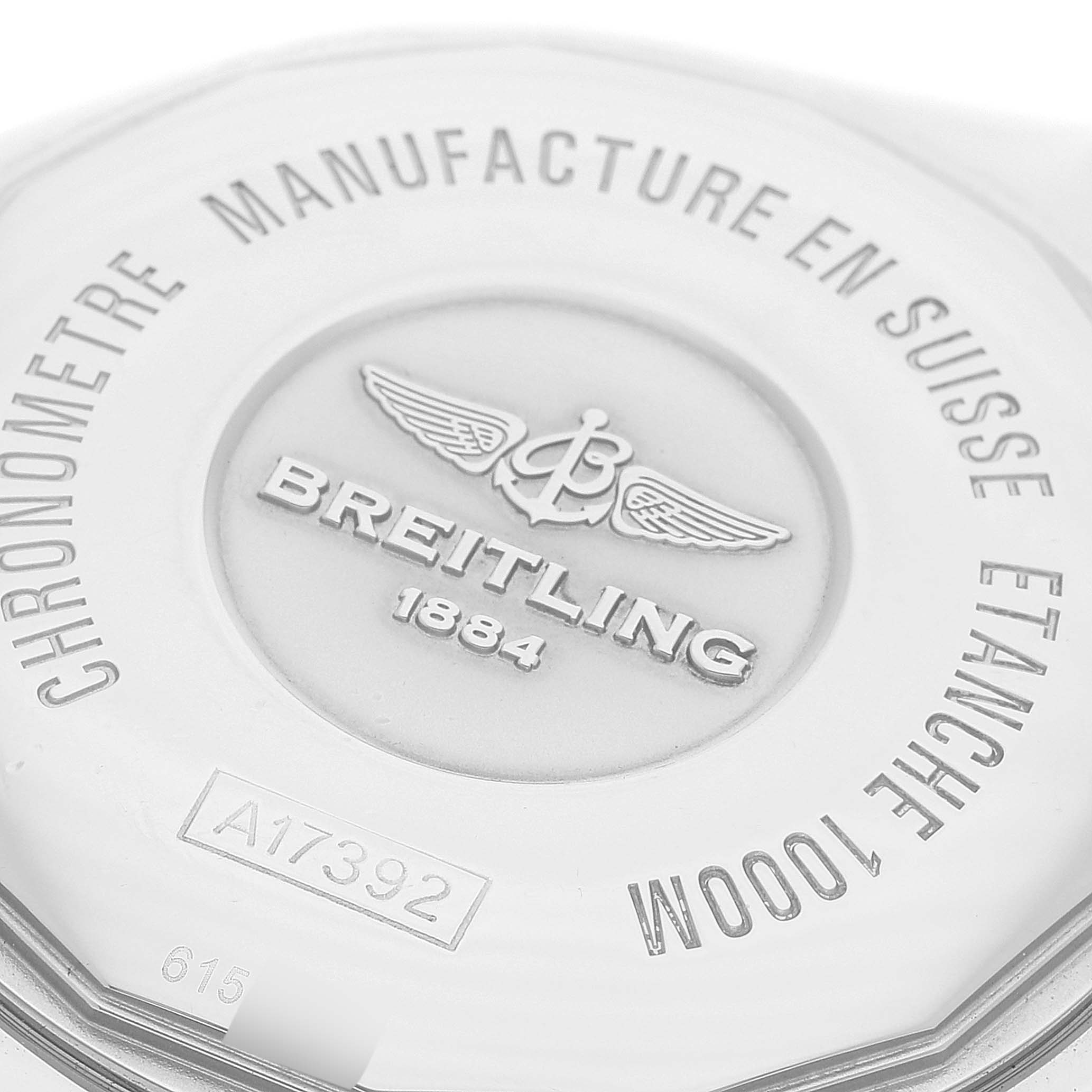 This image shows the back case of a Breitling Superocean A17392D8/C910 Men's Stainless Steel Blue Dial A17392D8/C910 Men's Stainless Steel Blue Dial watch with inscriptions detailing the model and specifications.