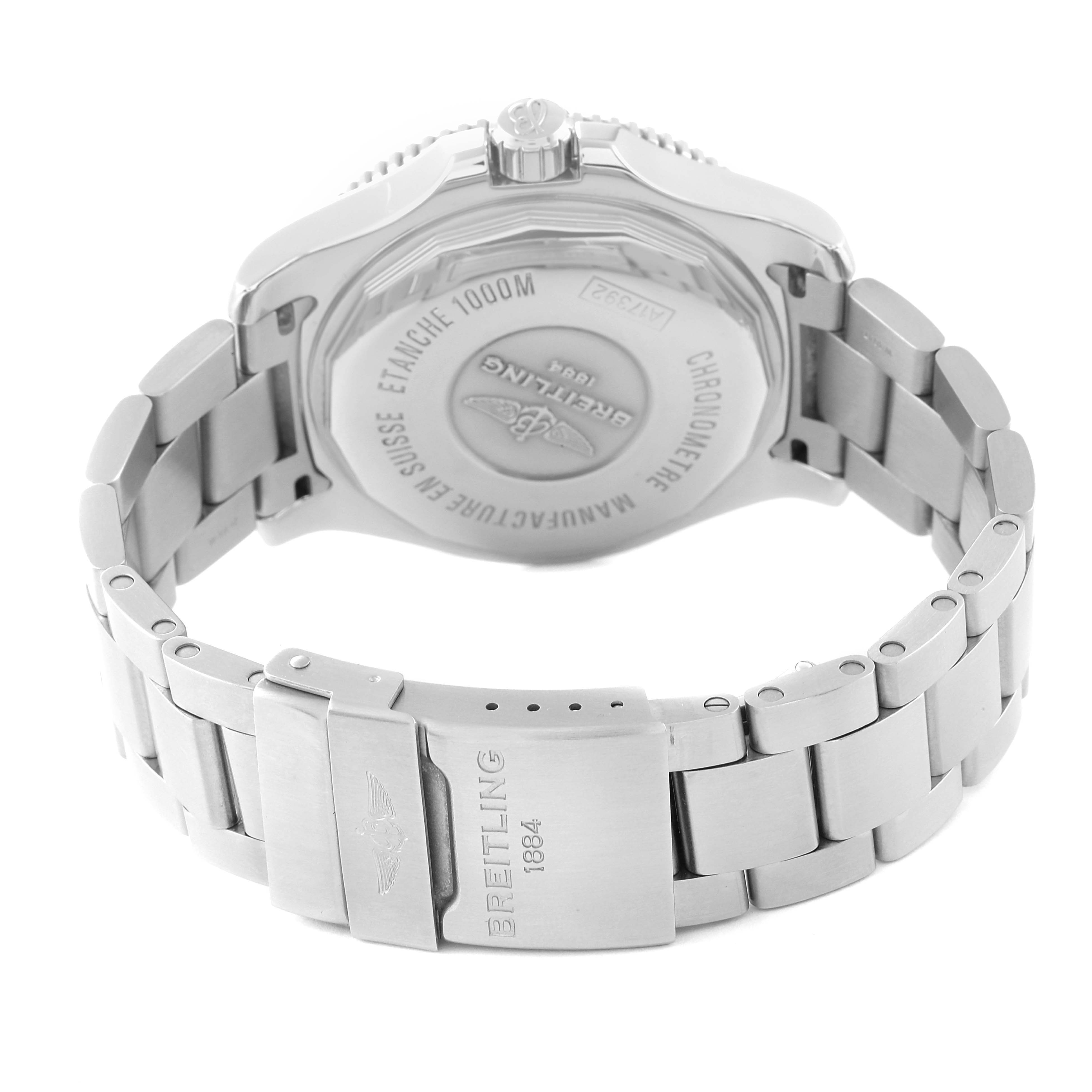 The image shows the back and clasp of a Breitling Superocean A17392D8/C910 Men's Stainless Steel Blue Dial A17392D8/C910 Men's Stainless Steel Blue Dial watch from a rear angle.