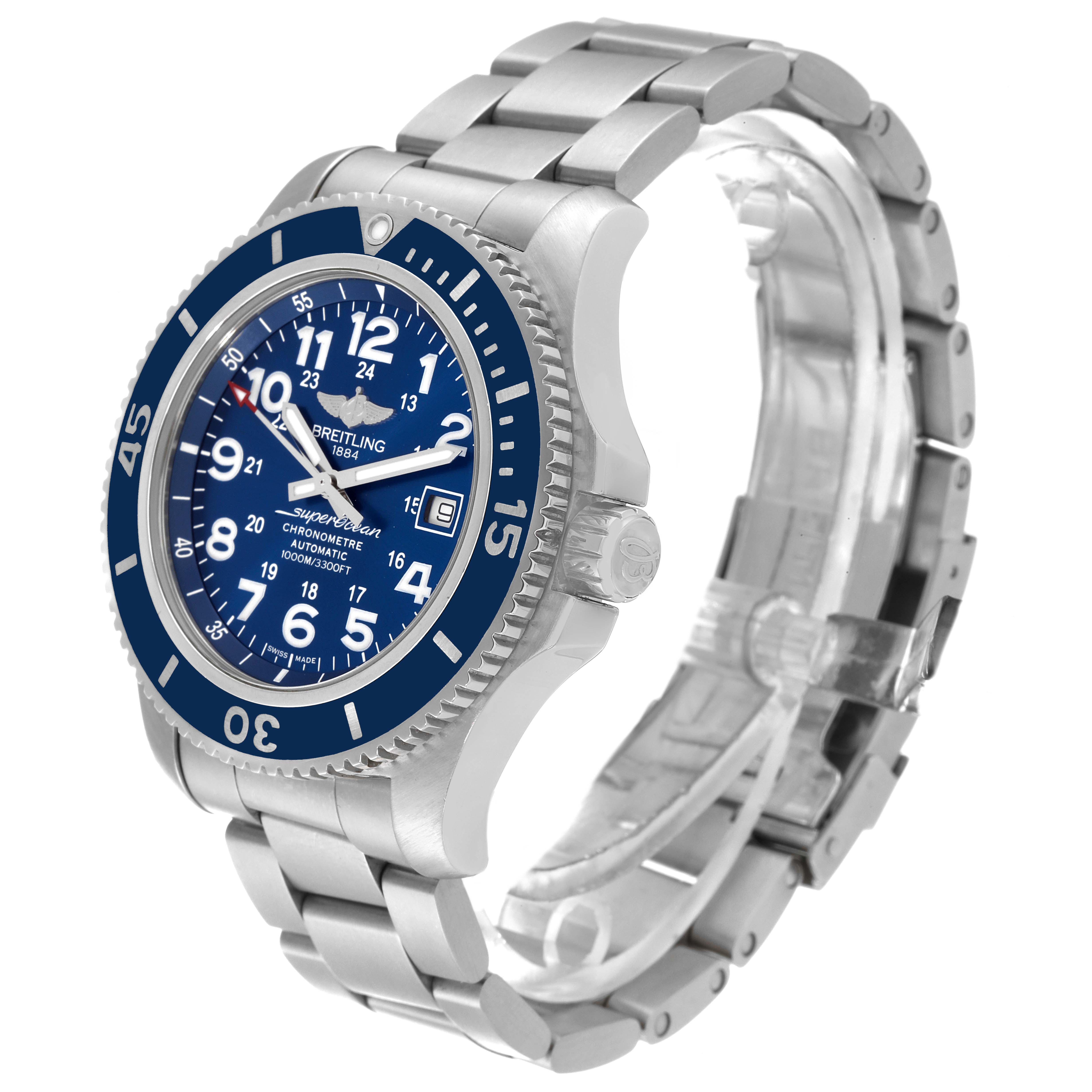 The Breitling Superocean A17392D8/C910 Men's Stainless Steel Blue Dial A17392D8/C910 Men's Stainless Steel Blue Dial watch is shown at a three-quarter angle, highlighting the face, bezel, and stainless steel bracelet.