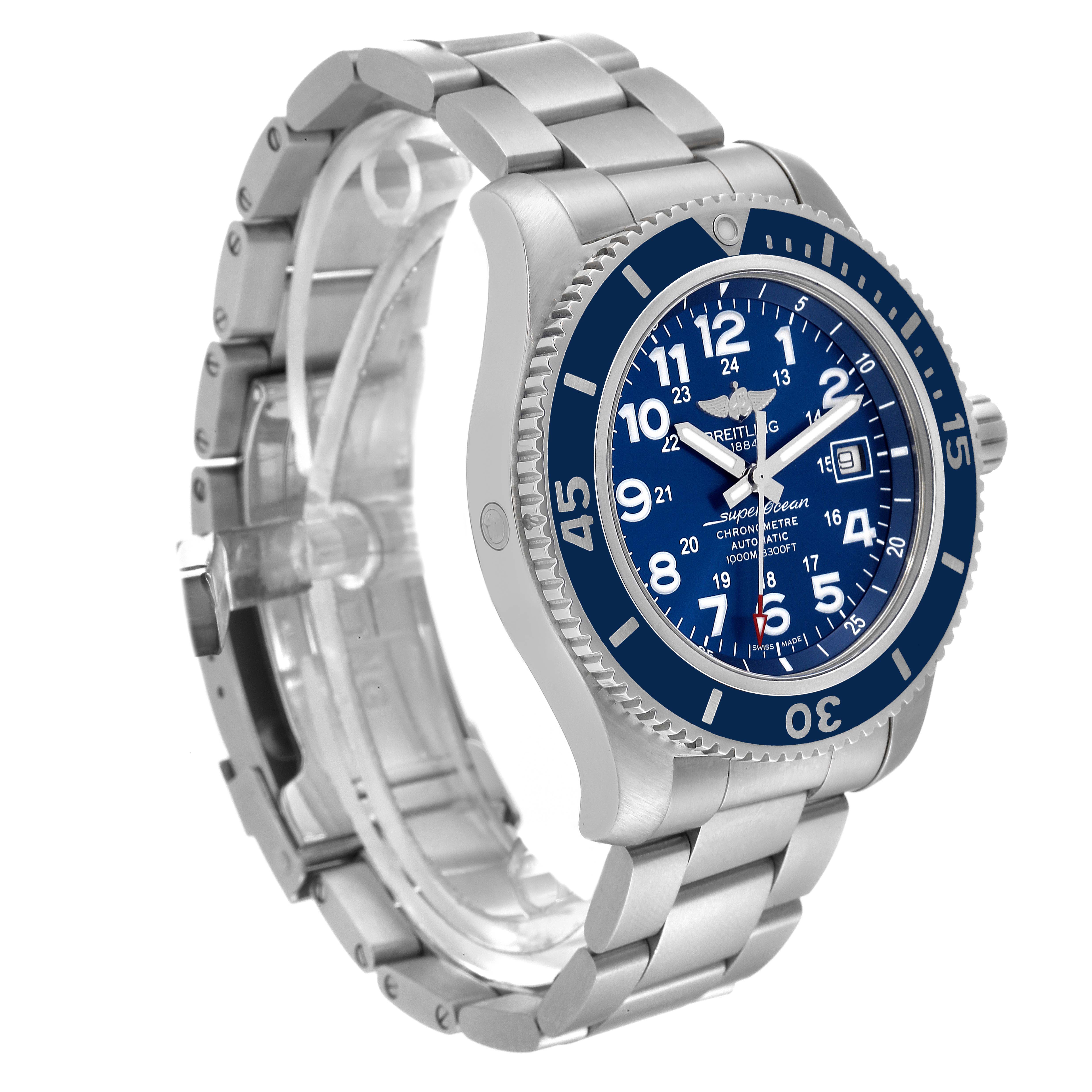 The Breitling Superocean A17392D8/C910 Men's Stainless Steel Blue Dial A17392D8/C910 Men's Stainless Steel Blue Dial watch is shown at a slight angle, highlighting the blue dial, bezel, and stainless steel bracelet.