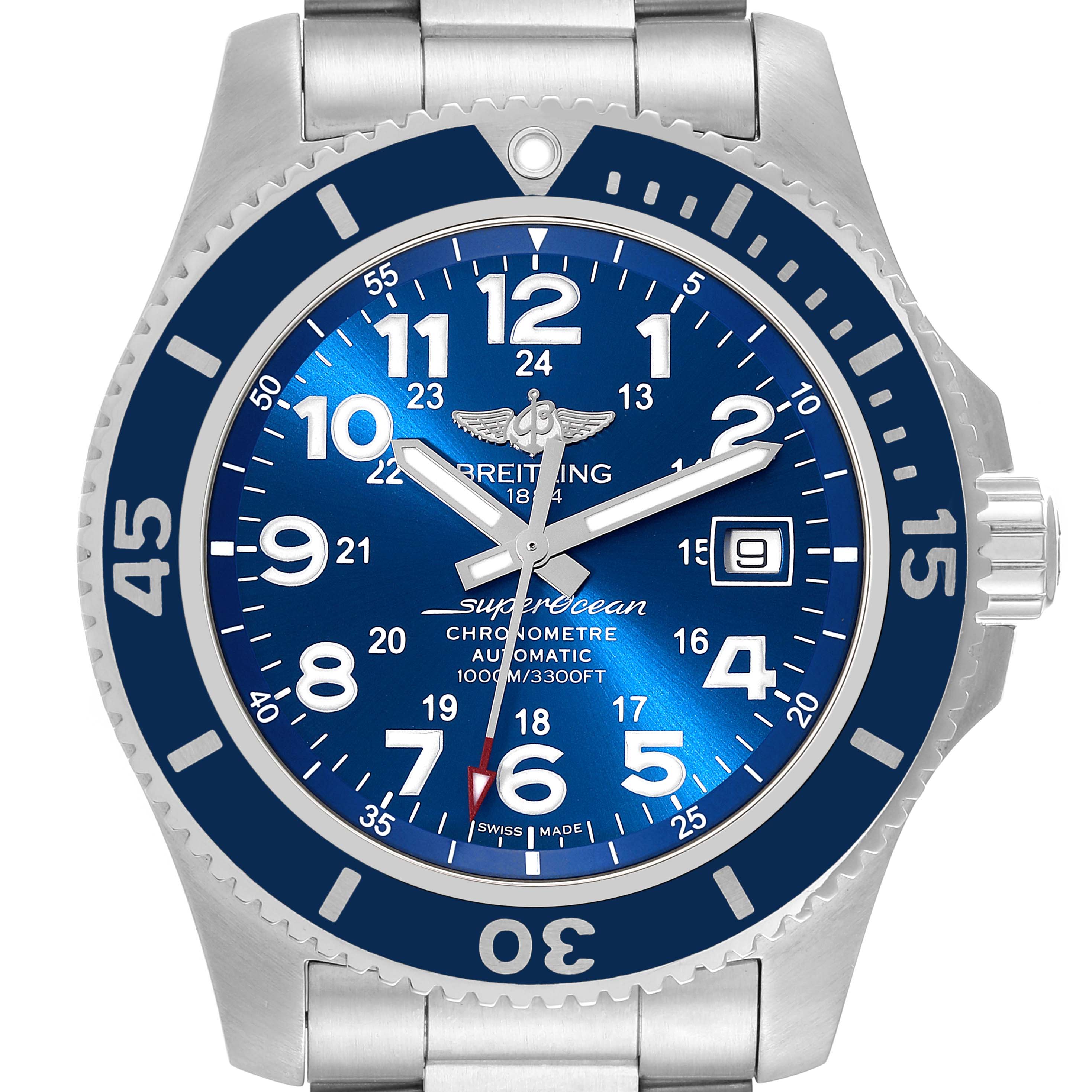 The image shows the front view of a Breitling Superocean A17392D8/C910 Men's Stainless Steel Blue Dial A17392D8/C910 Men's Stainless Steel Blue Dial watch, highlighting its blue dial, bezel, numerals, and metal bracelet.