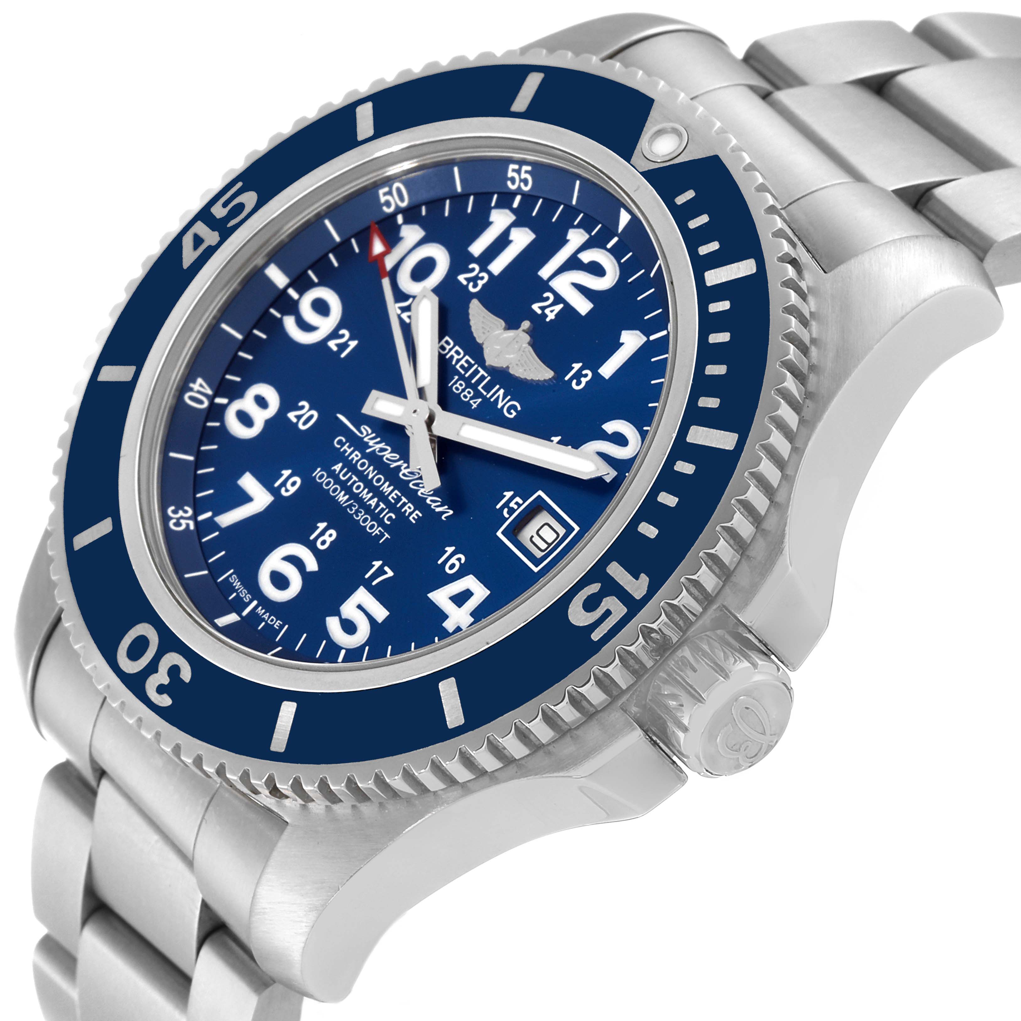 The image shows a side angle of the Breitling Superocean A17392D8/C910 Men's Stainless Steel Blue Dial A17392D8/C910 Men's Stainless Steel Blue Dial watch, highlighting the bezel, face, and part of the stainless steel bracelet.