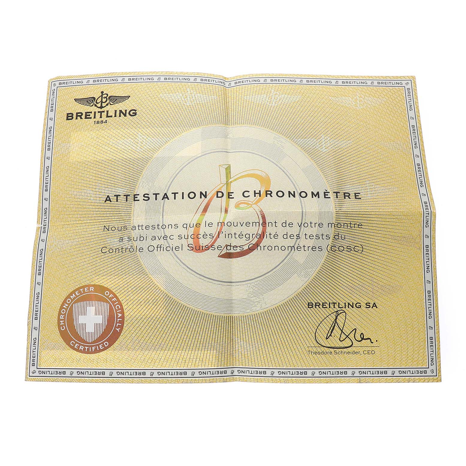 The image shows a certificate for the Breitling Transocean AB1411 Men's Stainless Steel Silver Dial watch, highlighting its chronometer certification.