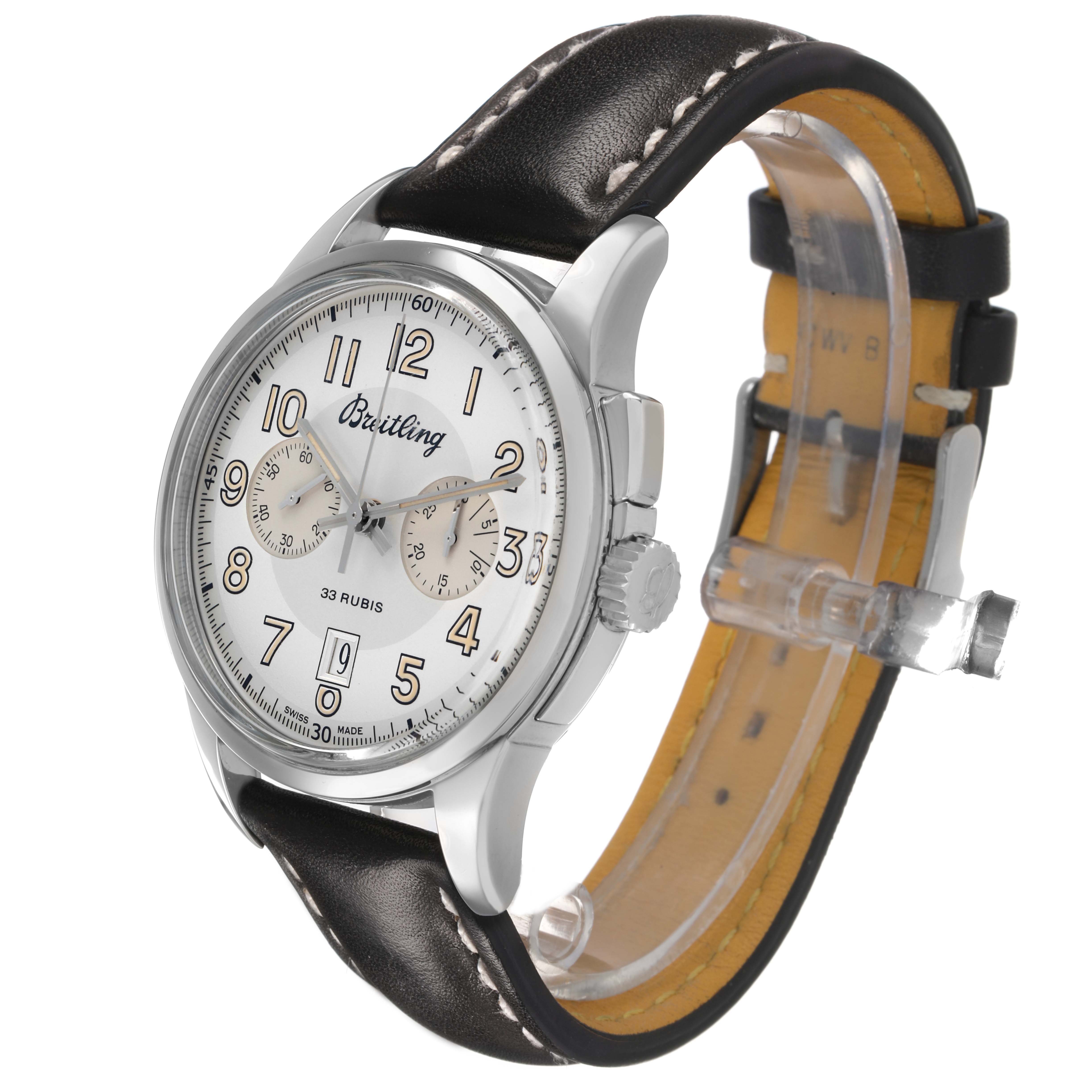 The Breitling Transocean AB1411 Men's Stainless Steel Silver Dial watch is shown at a three-quarter angle, highlighting its face, case, bezel, crown, and leather strap.