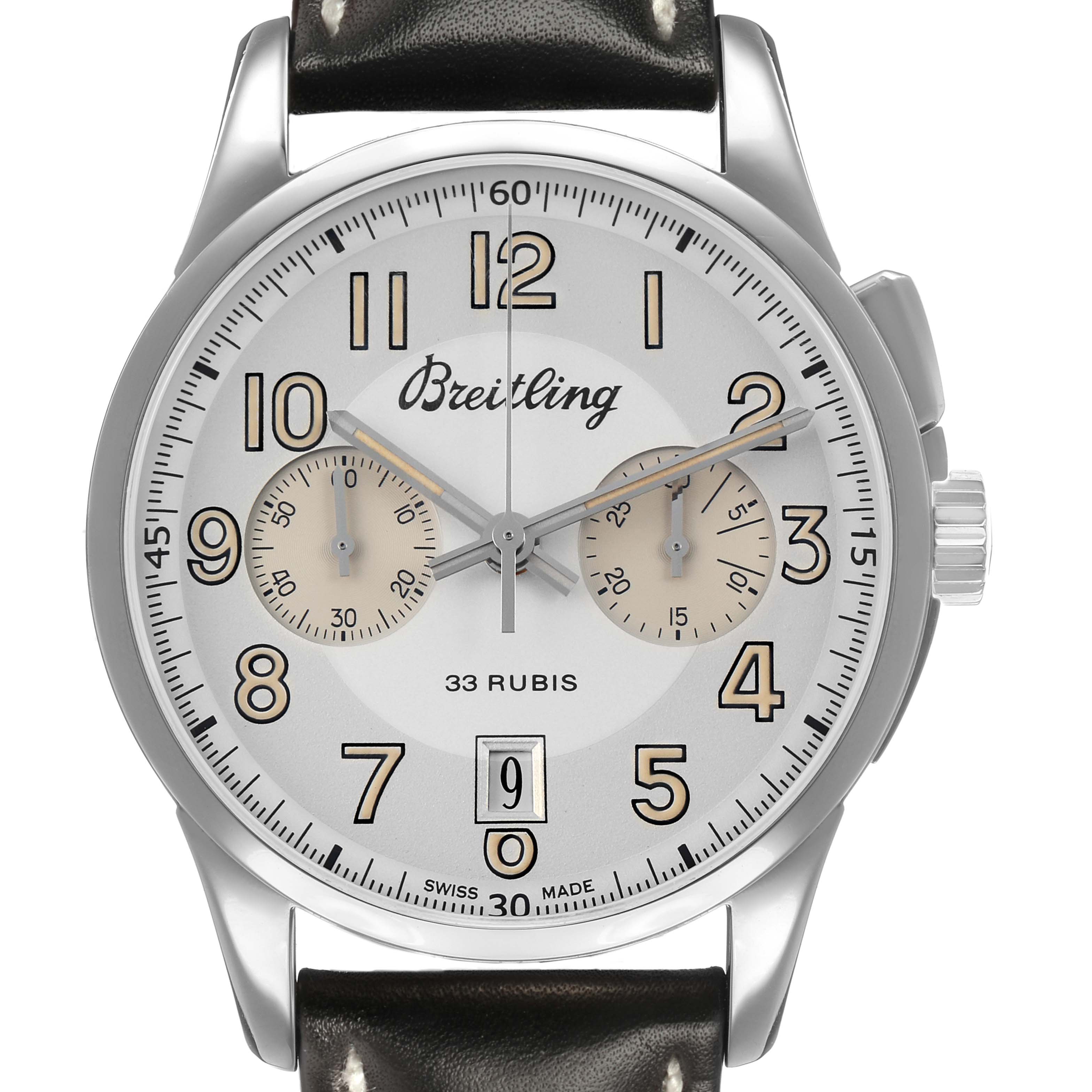 The Breitling Transocean AB1411 Men's Stainless Steel Silver Dial watch is shown from the front, featuring the dial, subdials, crown, and part of the leather strap.