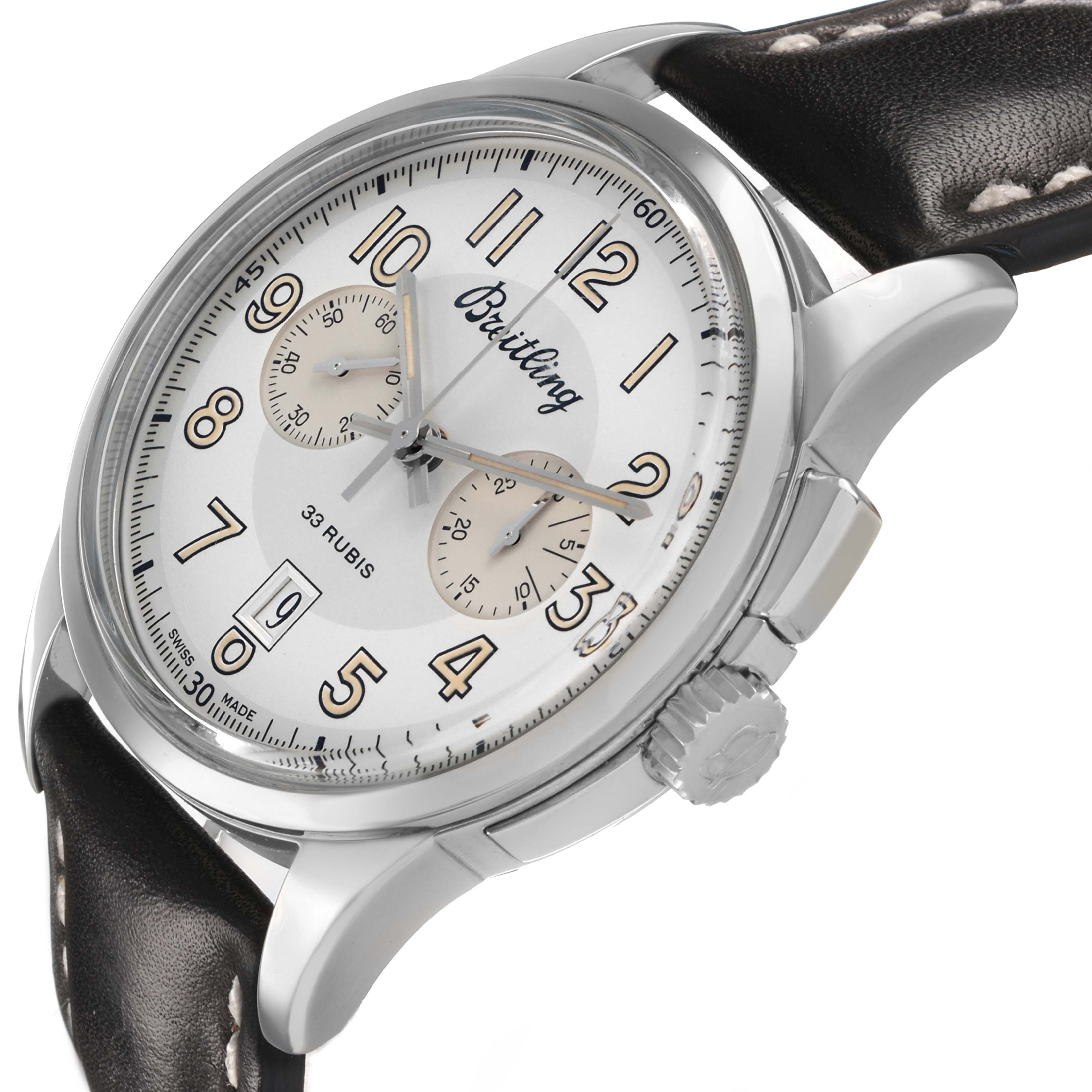 The Breitling Transocean AB1411 Men's Stainless Steel Silver Dial watch is shown at a side angle, highlighting the dial, bezel, crown, and leather strap.