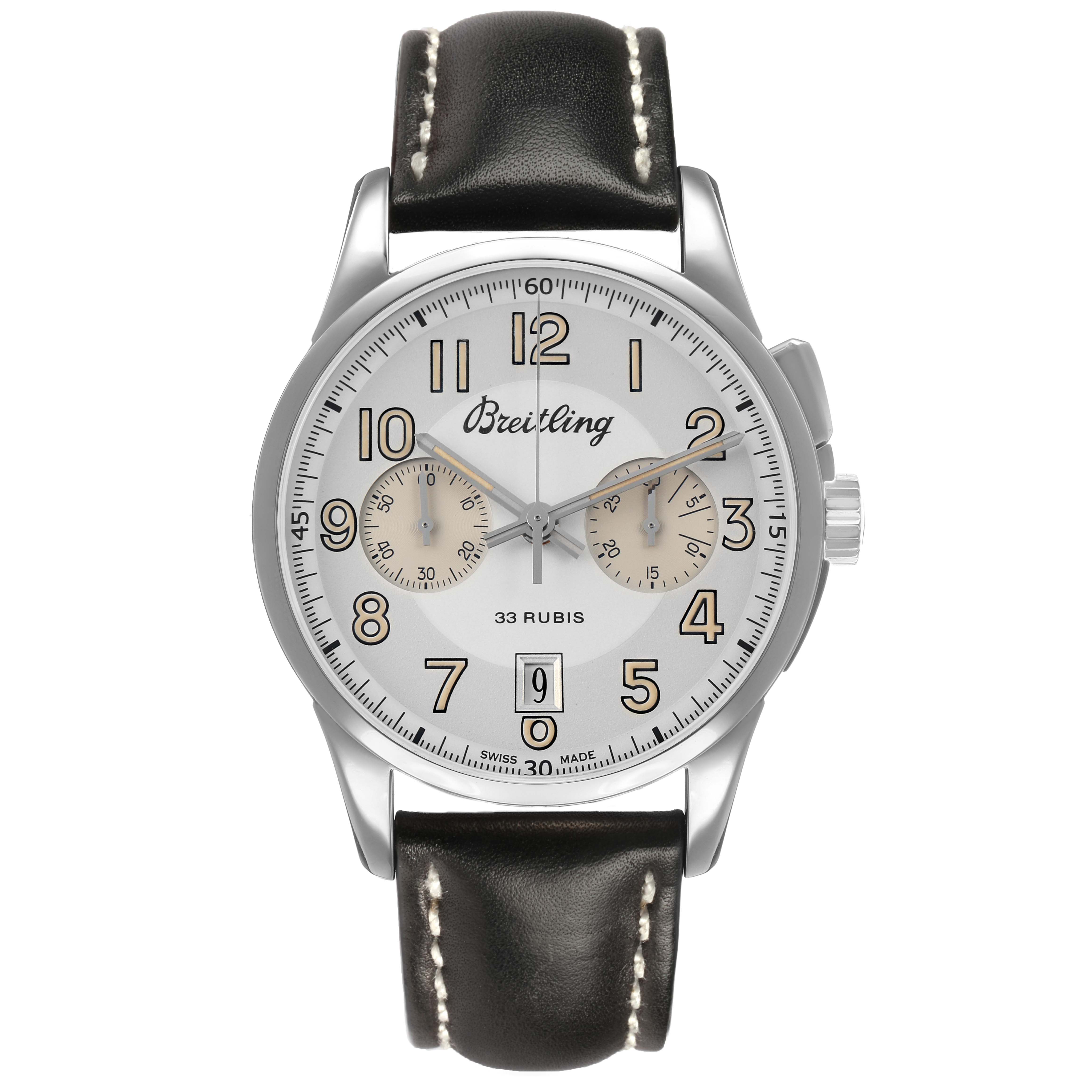 The Breitling Transocean AB1411 Men's Stainless Steel Silver Dial watch is shown from the front, displaying the dial, hands, subdials, and leather strap.