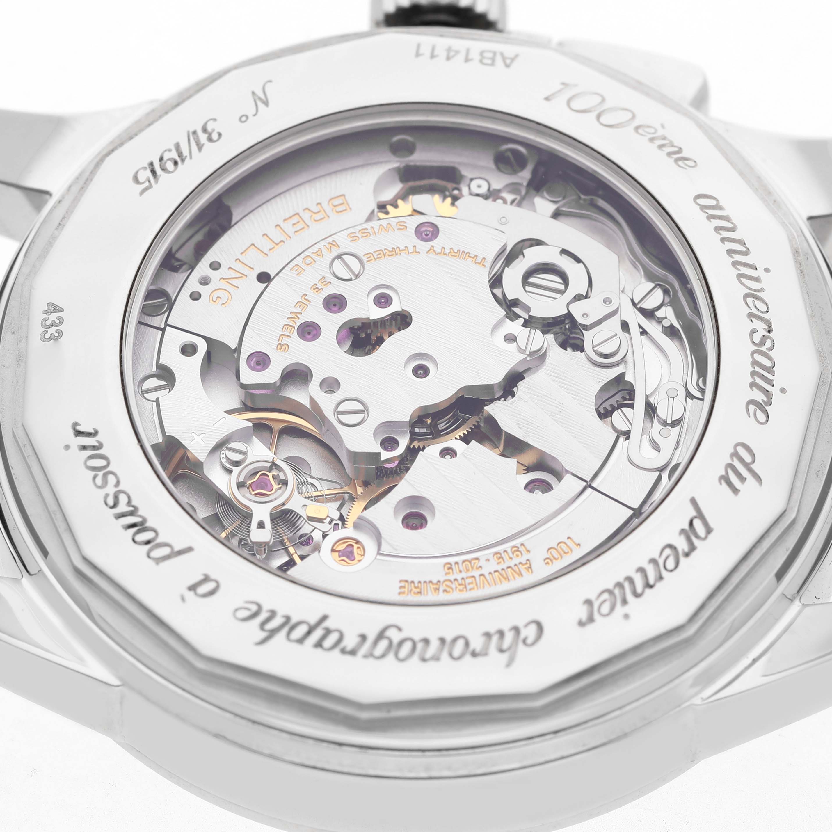 The image displays the case back of the Breitling Transocean AB1411 Men's Stainless Steel Silver Dial, showing the intricate mechanical movement and engravings.