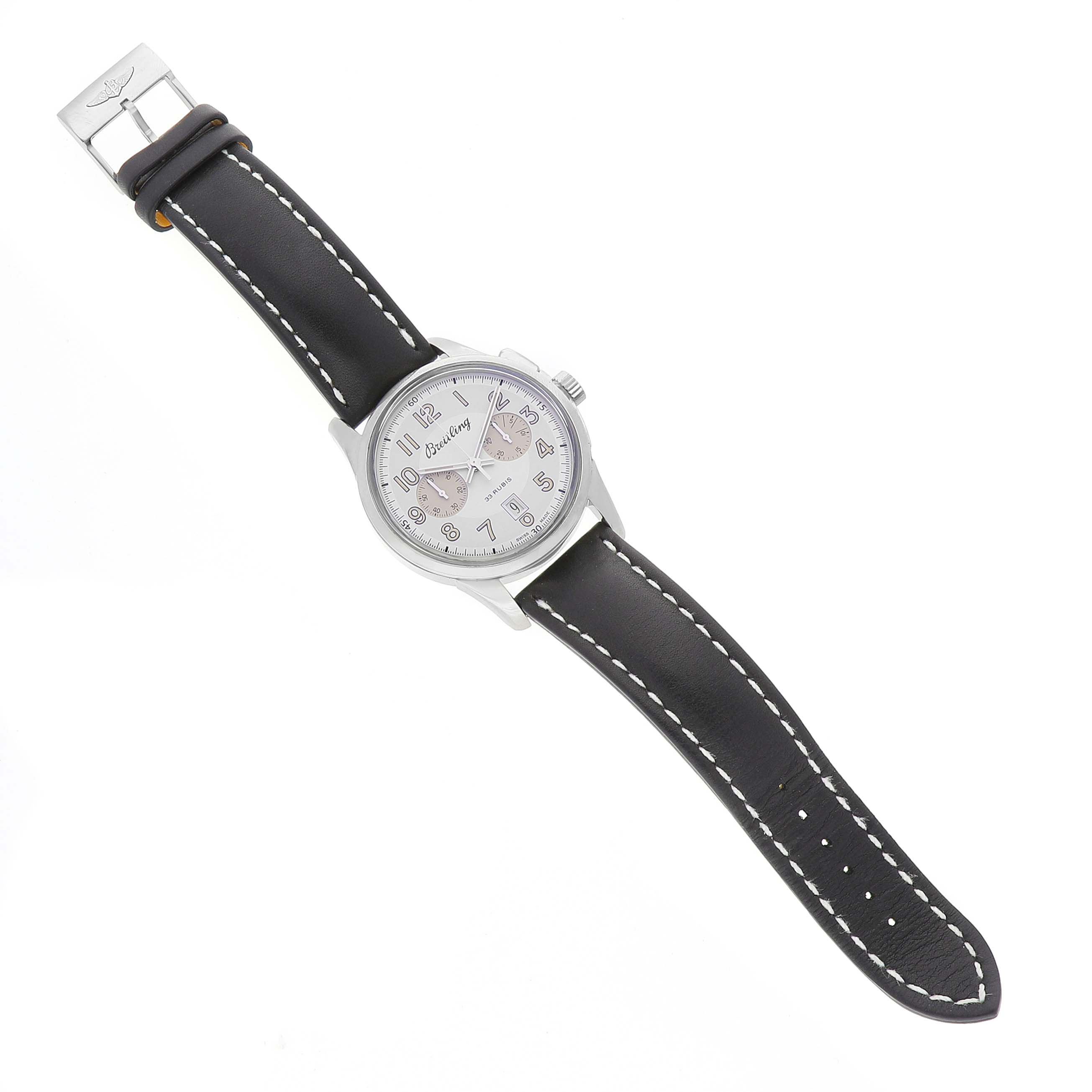 The Breitling Transocean AB1411 Men's Stainless Steel Silver Dial watch is shown from a top-down angle, displaying the face, case, and entire leather strap with buckle.