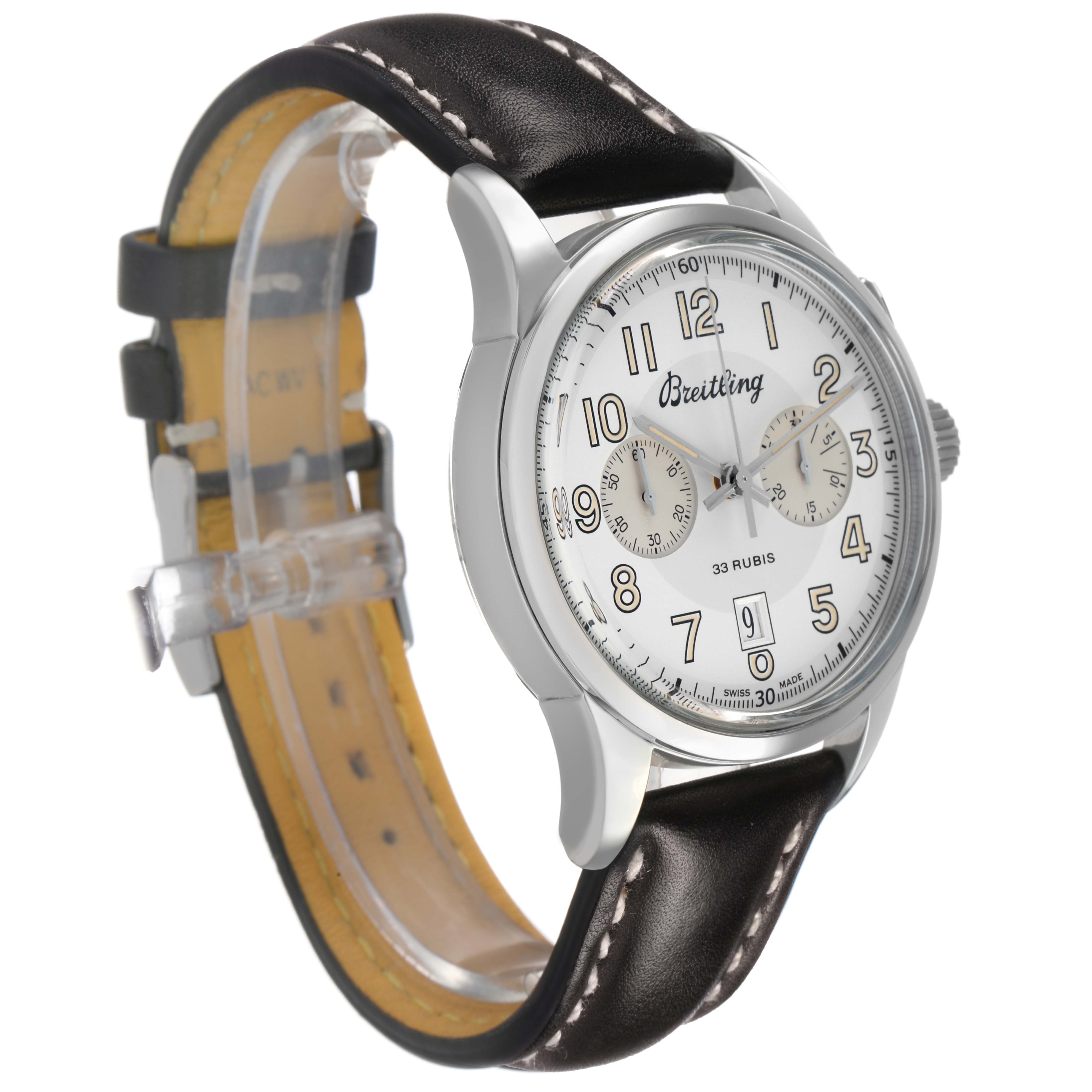 The Breitling Transocean AB1411 Men's Stainless Steel Silver Dial watch is shown at a three-quarter angle, featuring its face, casing, and part of the leather strap.