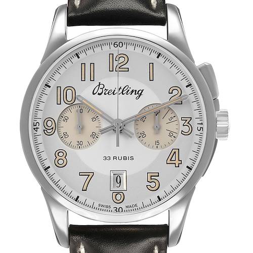The Breitling Transocean AB1411 Men's Stainless Steel Silver Dial watch is shown from a frontal angle, highlighting the dial, sub-dials, and crown.
