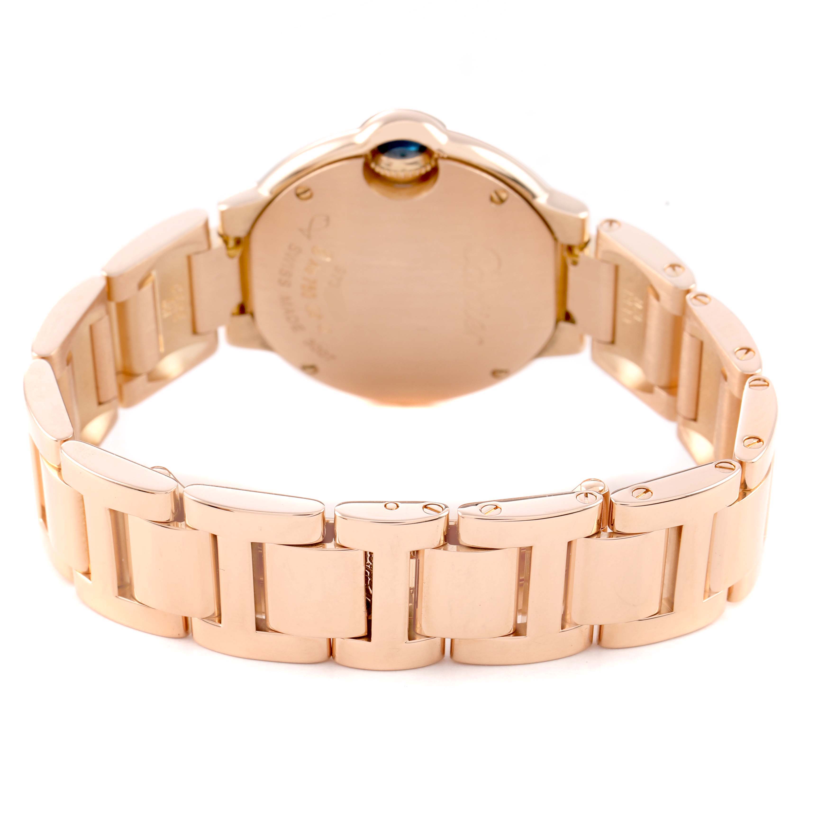 The image shows the back view of the Cartier Ballon Bleu WE9002Z3 Women's Rose Gold Silver Dial watch, highlighting the clasp and bracelet links.
