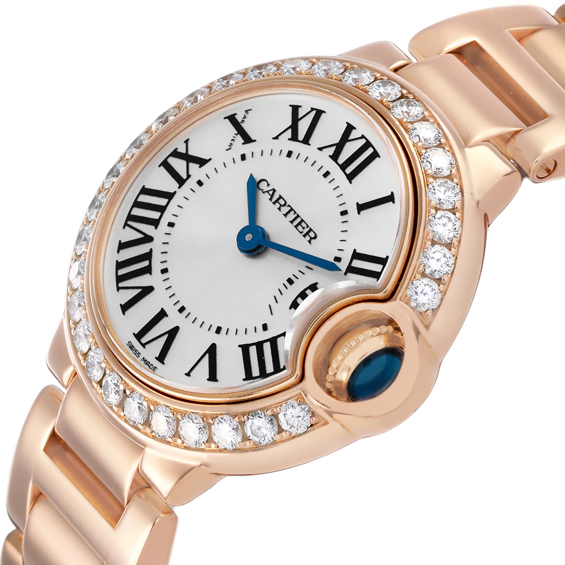 The Cartier Ballon Bleu WE9002Z3 Women's Rose Gold Silver Dial watch is shown at an angled view, highlighting the diamond-encrusted bezel and signature sapphire cabochon crown.