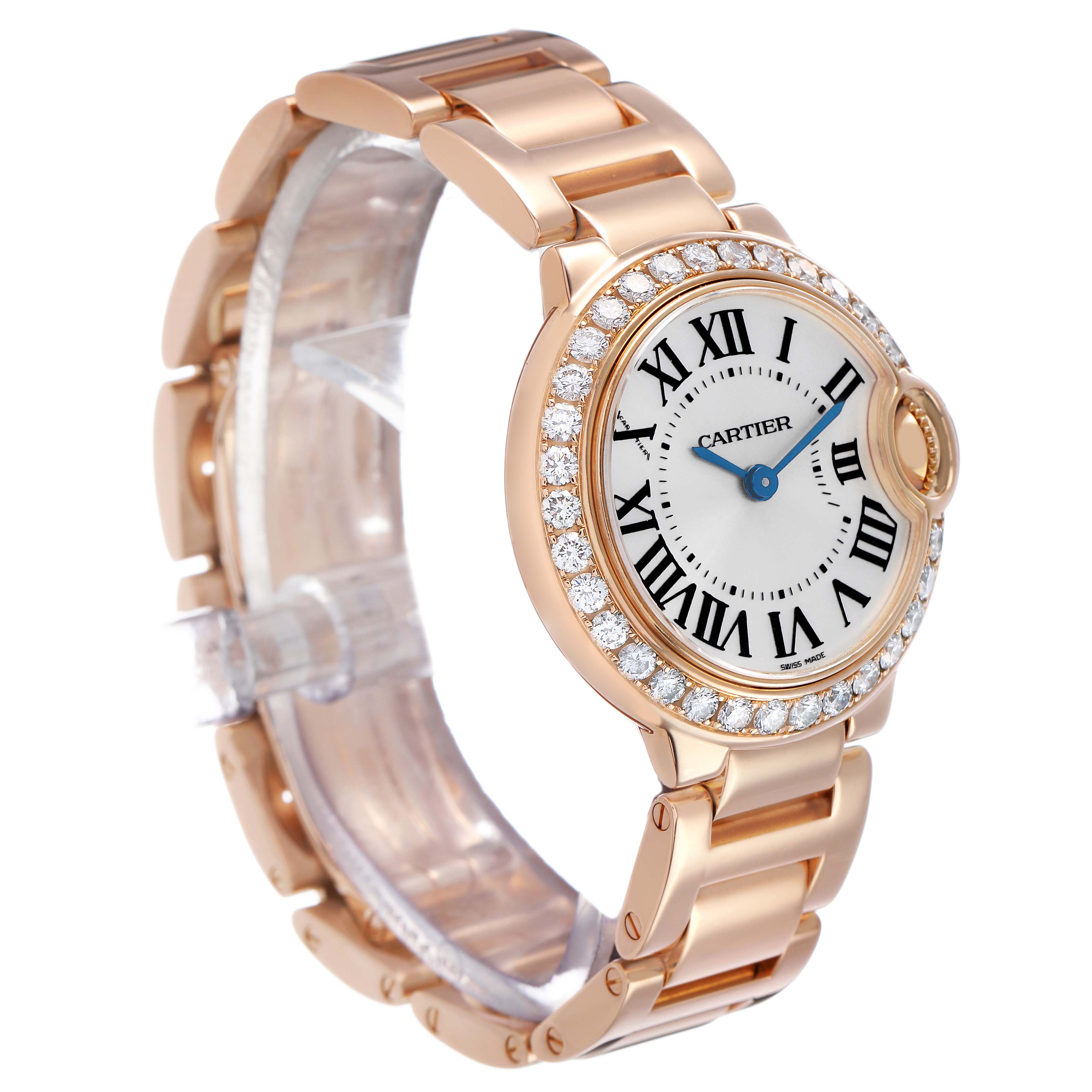 The Cartier Ballon Bleu WE9002Z3 Women's Rose Gold Silver Dial watch is shown at an angled side view, highlighting its round face with diamond bezel and metal bracelet.