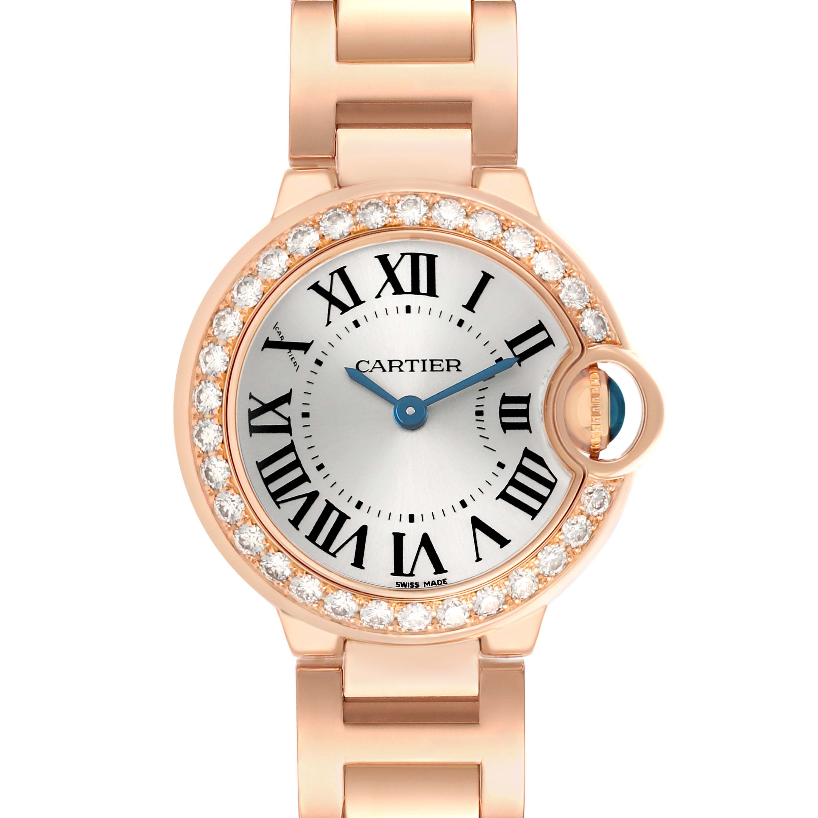 The image shows a Cartier Ballon Bleu WE9002Z3 Women's Rose Gold Silver Dial watch from a top-down angle, highlighting the diamond bezel, dial, and bracelet.