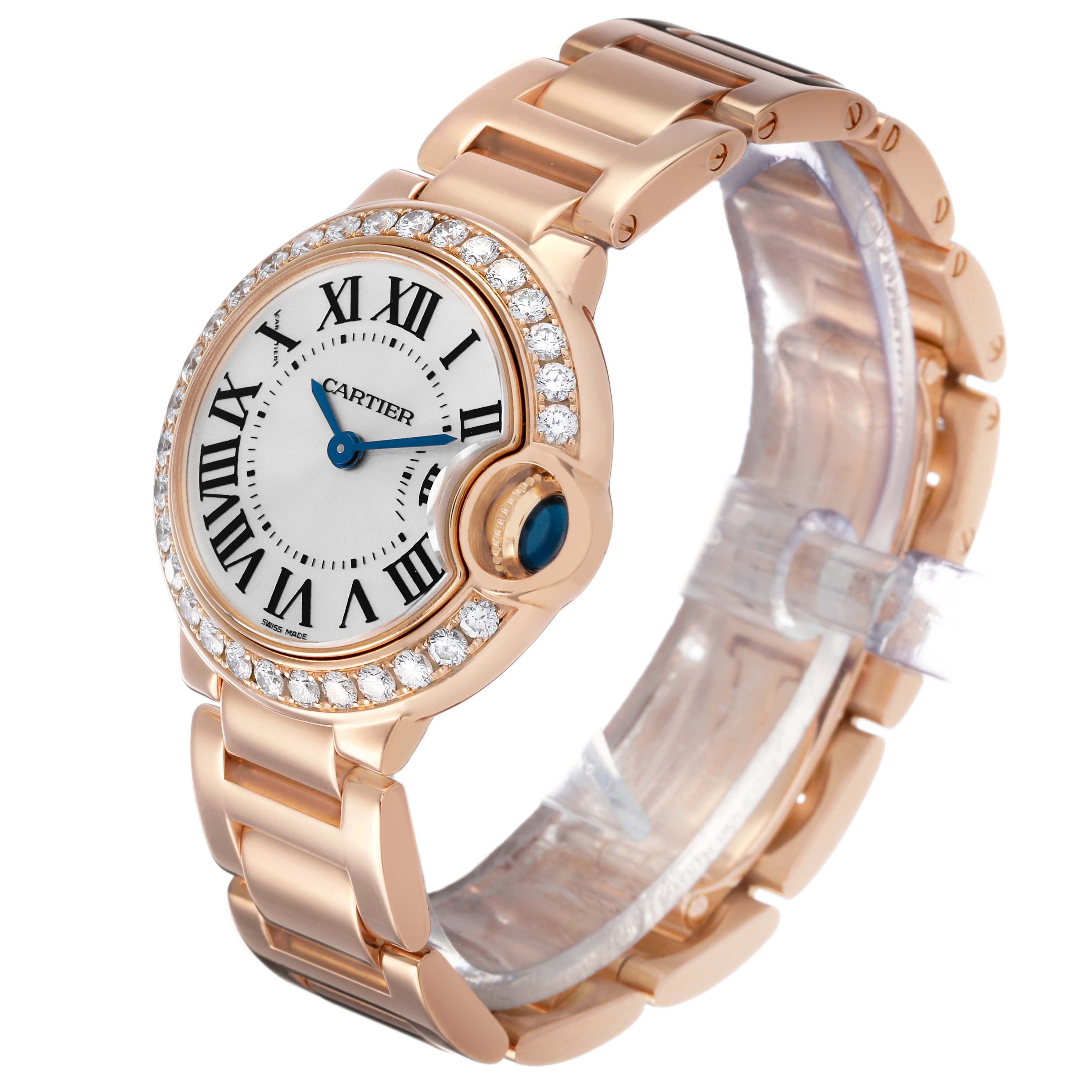 The Cartier Ballon Bleu WE9002Z3 Women's Rose Gold Silver Dial watch is shown from a three-quarter angle, displaying the face, bezel, and bracelet.