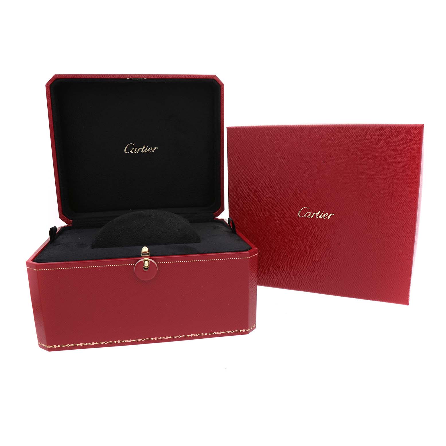 The image shows a Cartier Ballon Bleu WE9002Z3 Women's Rose Gold Silver Dial watch box with a hinged lid open, revealing a black interior.