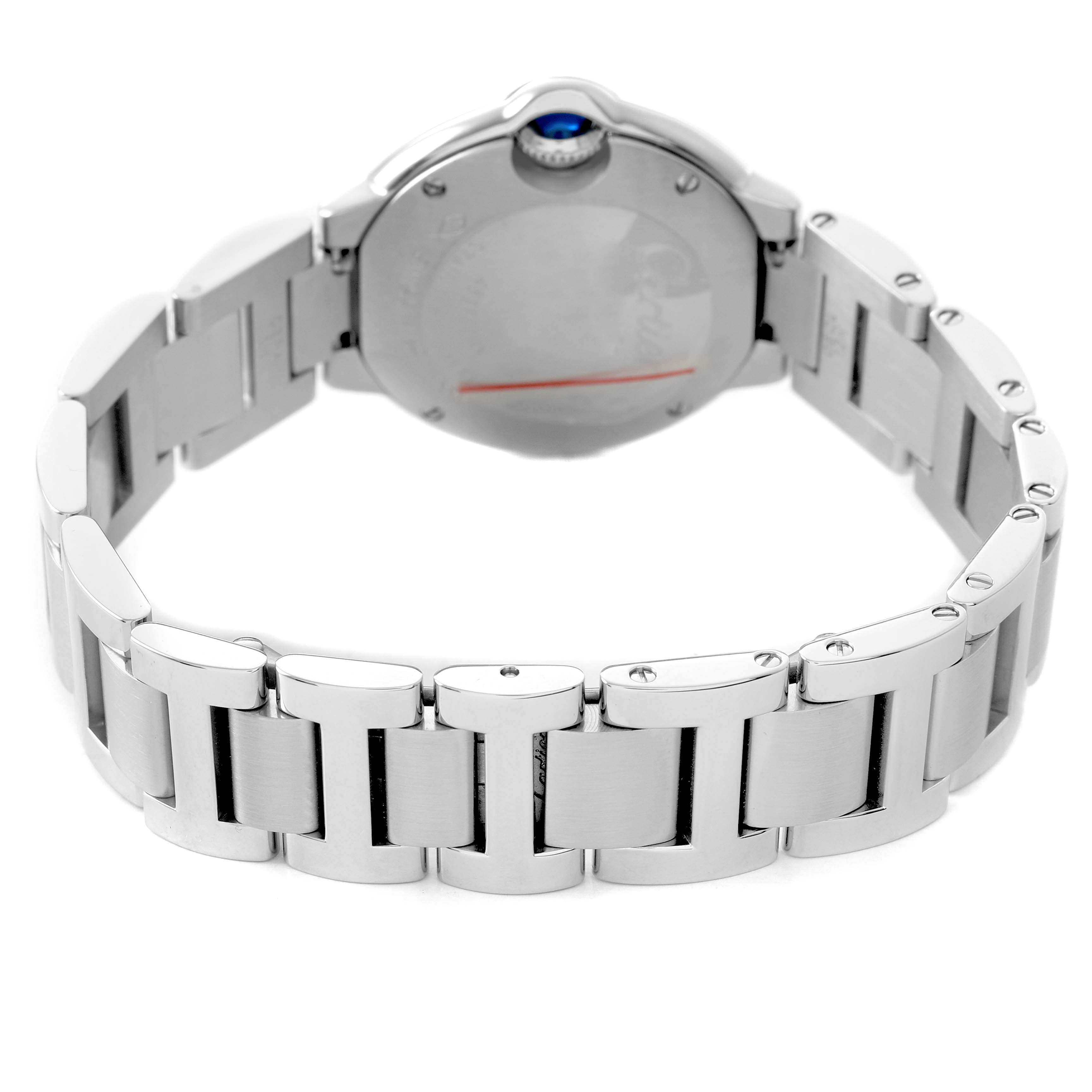 The image shows the back of the Cartier Ballon Bleu W69010Z4 Women's Stainless Steel Silver Dial watch, highlighting the bracelet and case back from a slightly angled view.