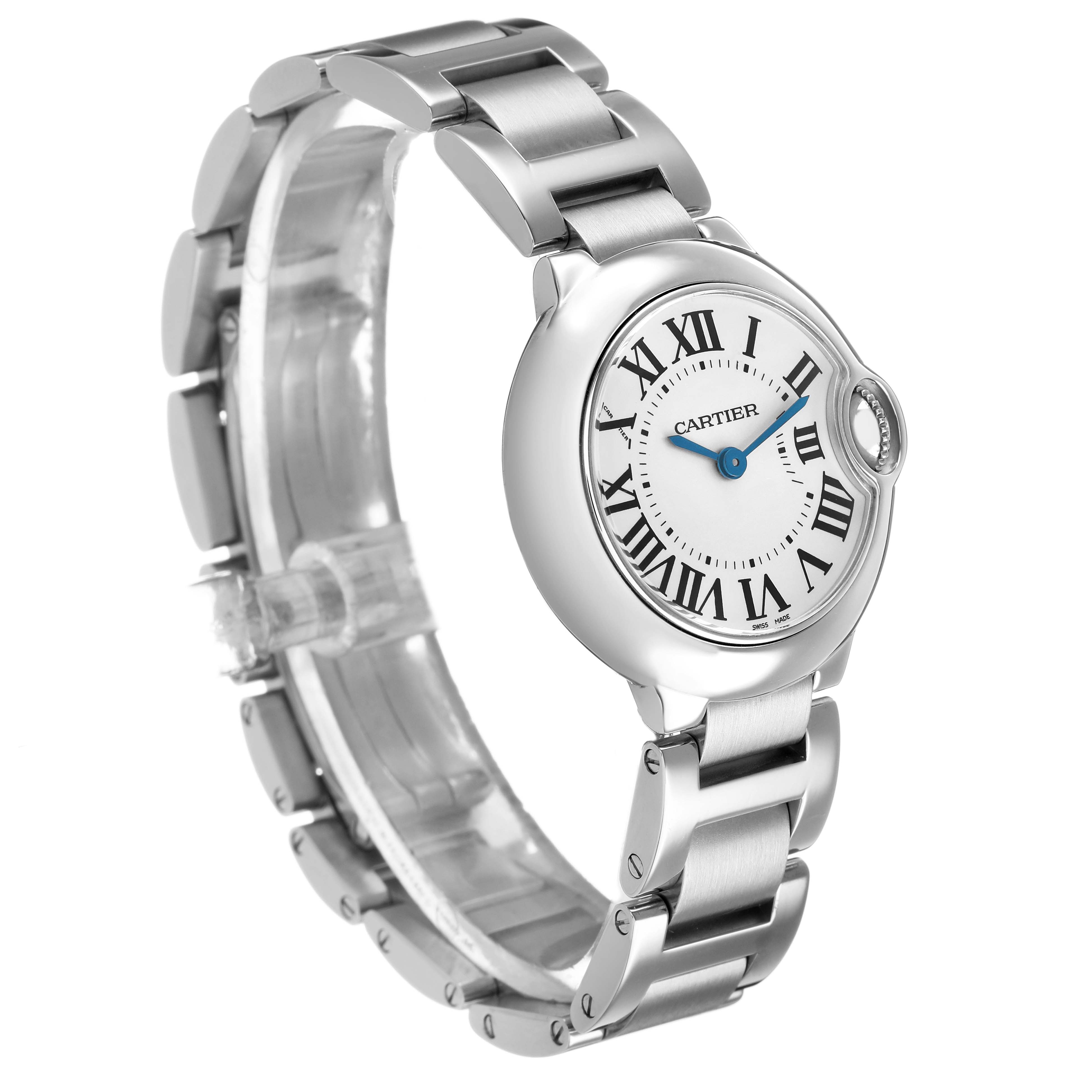 The Cartier Ballon Bleu W69010Z4 Women's Stainless Steel Silver Dial watch is shown at a three-quarter angle, displaying the face, bracelet, and crown.