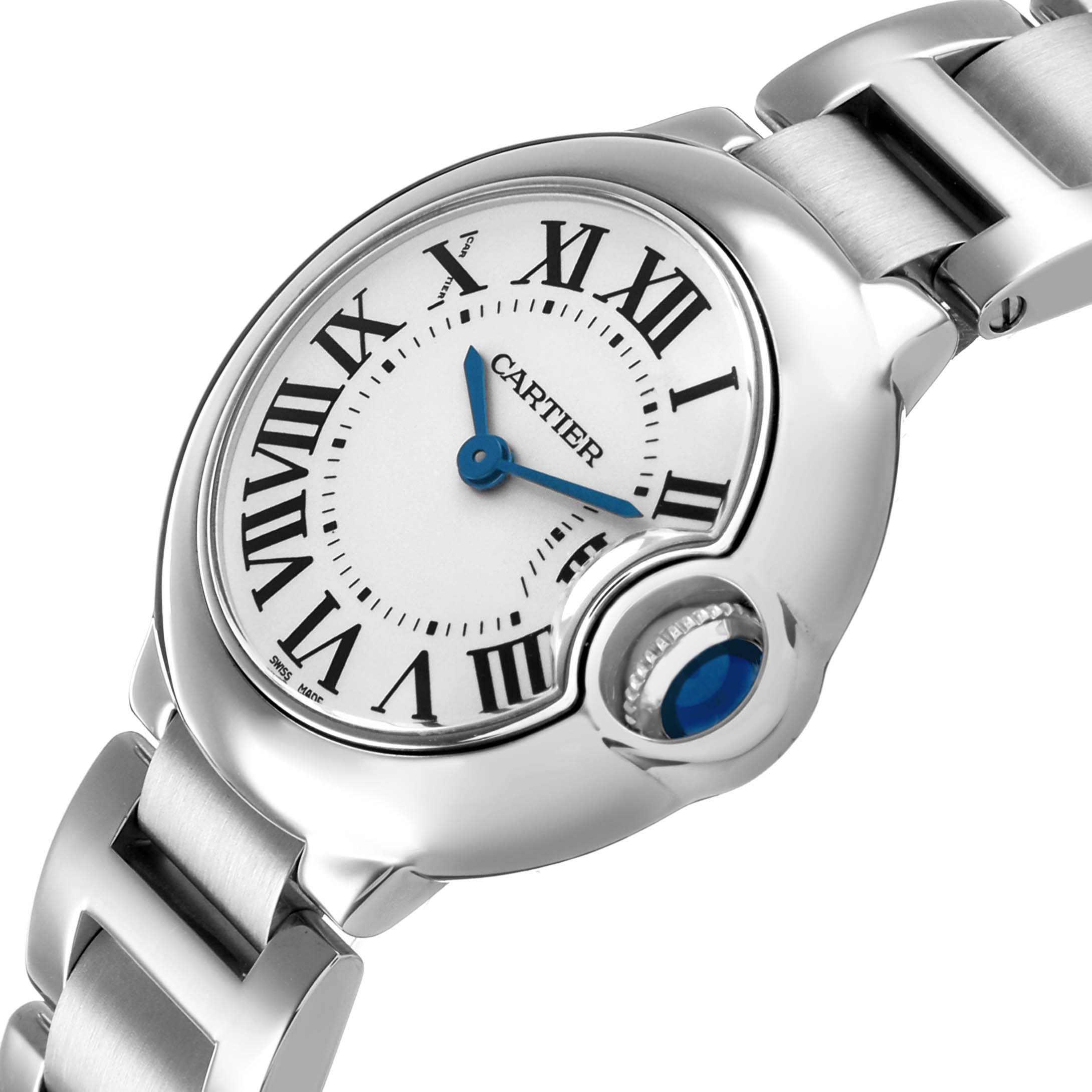 The Cartier Ballon Bleu W69010Z4 Women's Stainless Steel Silver Dial watch is shown at an angle highlighting the dial, case, crown with sapphire cabochon, and part of the bracelet.