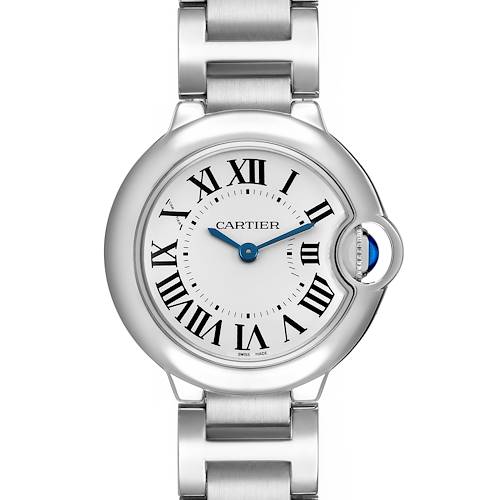 The Cartier Ballon Bleu W69010Z4 Women's Stainless Steel Silver Dial watch is shown from the front, displaying the face, Roman numerals, and bracelet.