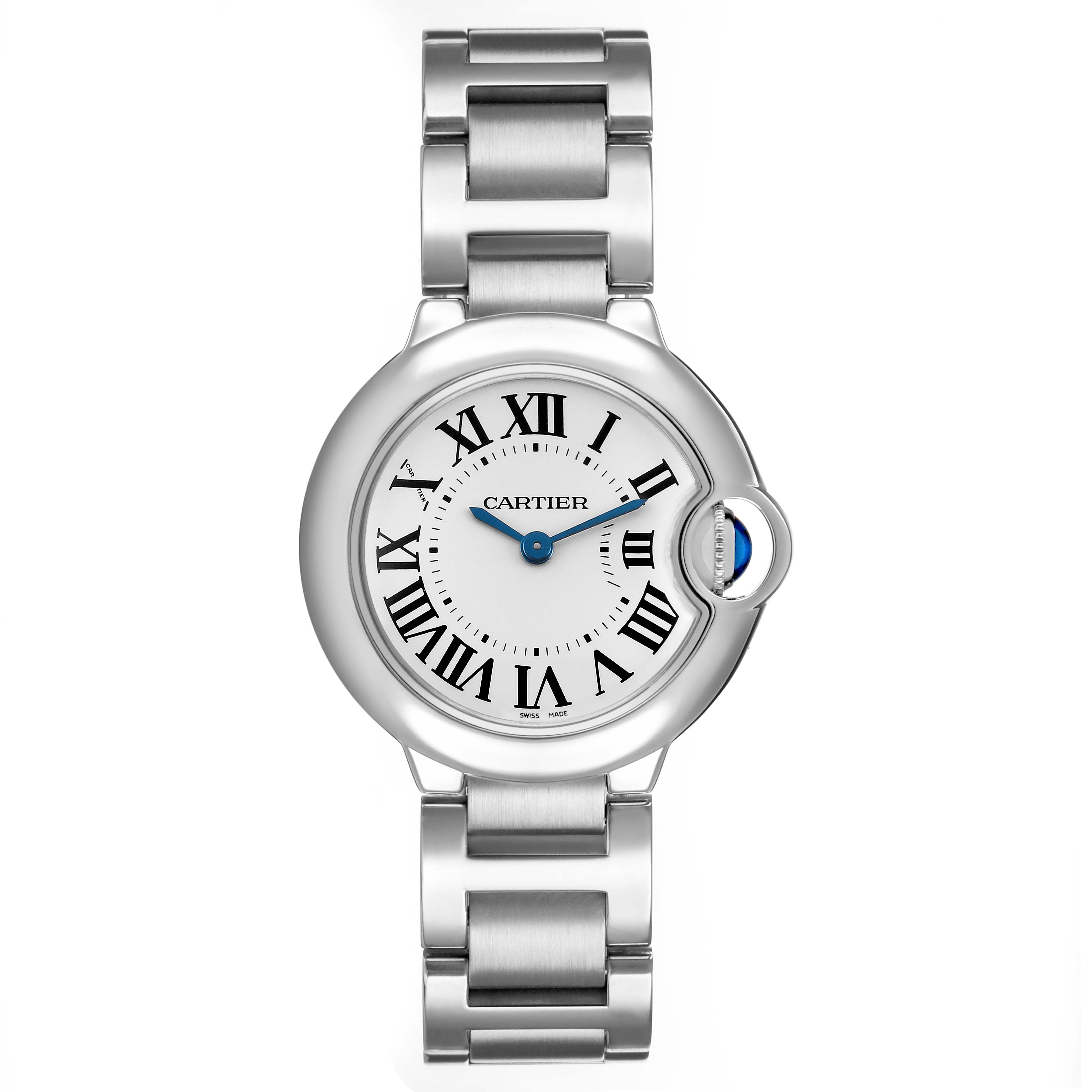 The Cartier Ballon Bleu W69010Z4 Women's Stainless Steel Silver Dial watch is shown from a top view, displaying its face, Roman numerals, and metal bracelet.