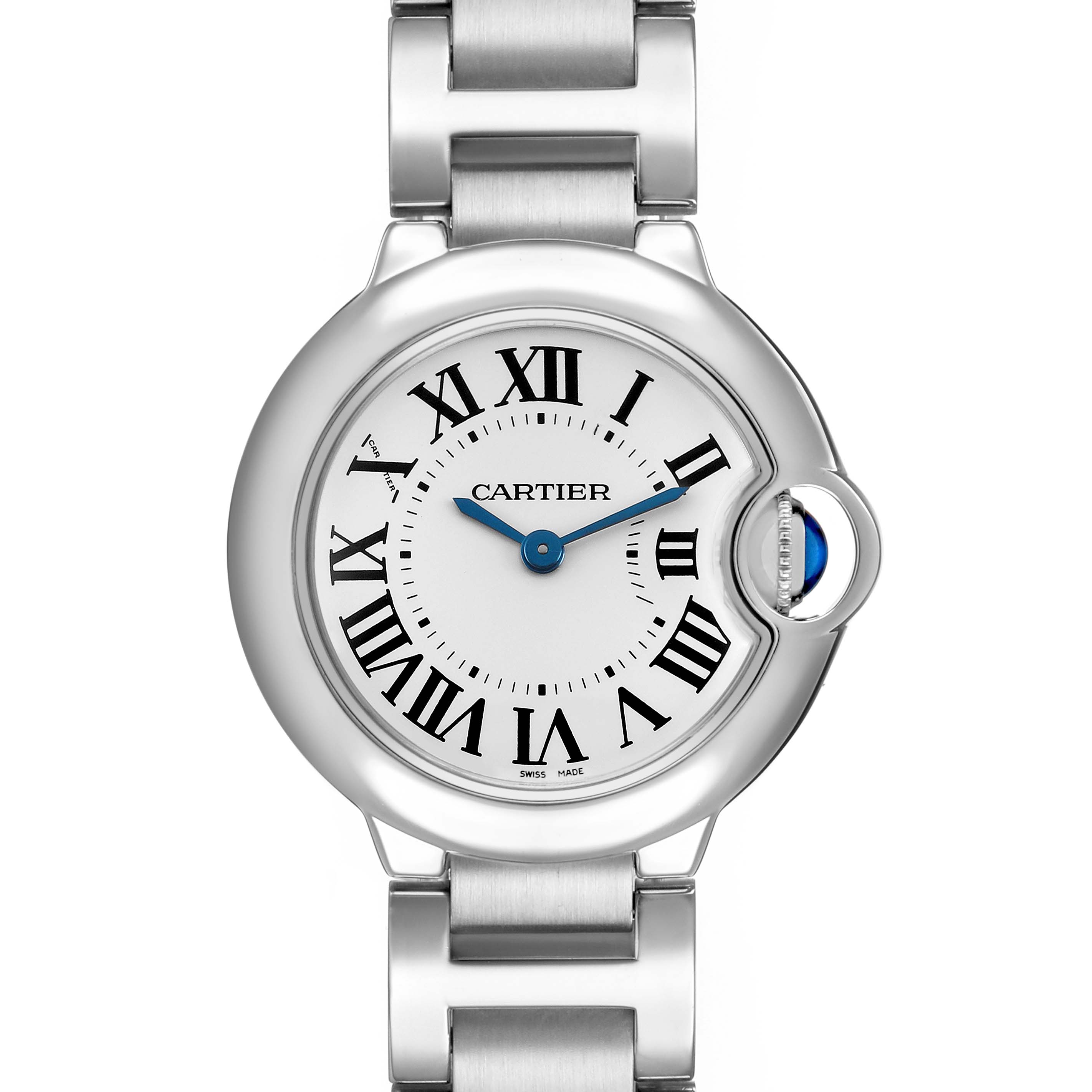 The image shows a Cartier Ballon Bleu W69010Z4 Women's Stainless Steel Silver Dial watch from a front angle, highlighting the face, Roman numerals, and metal bracelet.