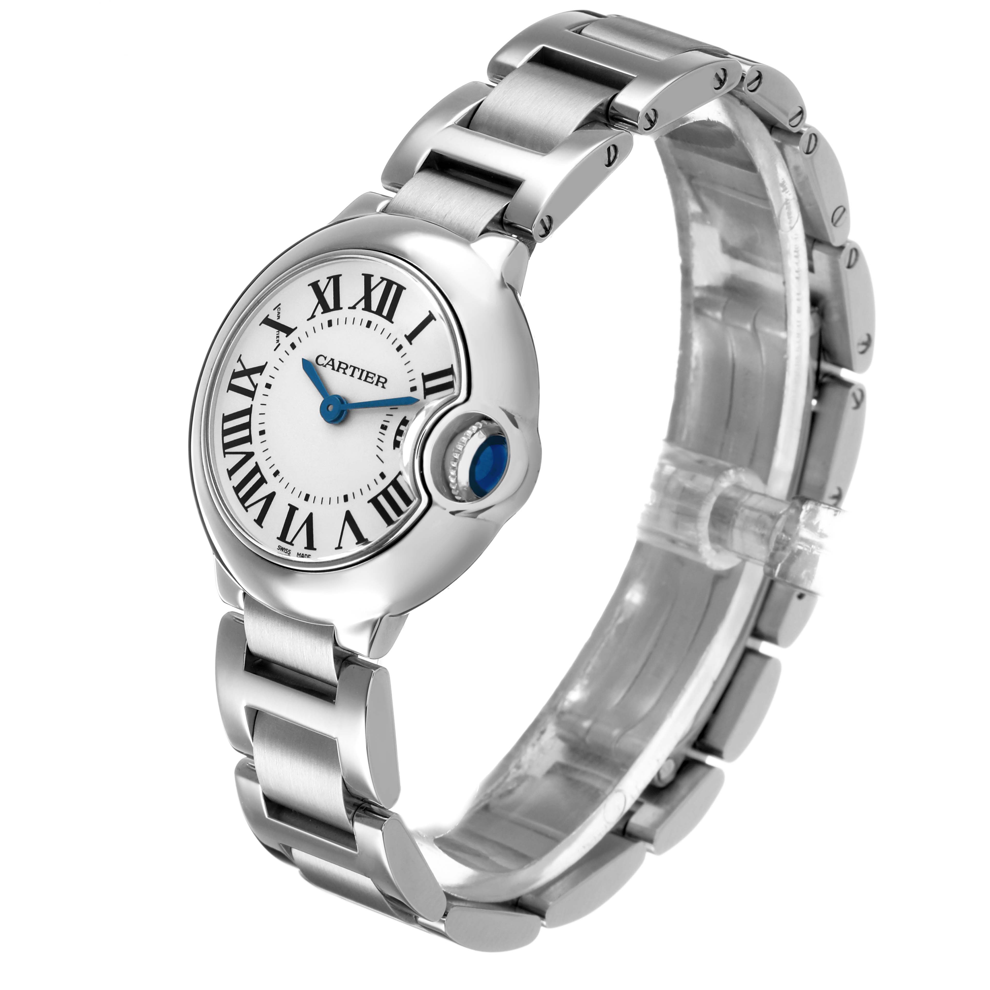 The Cartier Ballon Bleu W69010Z4 Women's Stainless Steel Silver Dial watch is displayed at a three-quarter angle, showing its face, bracelet, and distinctive crown.