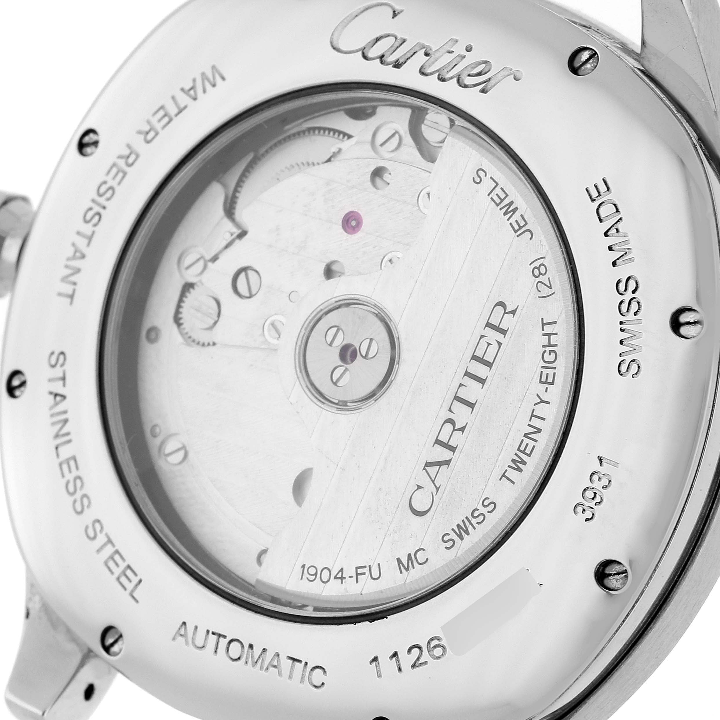 The image shows the back view of the Drive de Cartier watch by Cartier, focusing on its automatic movement mechanism.