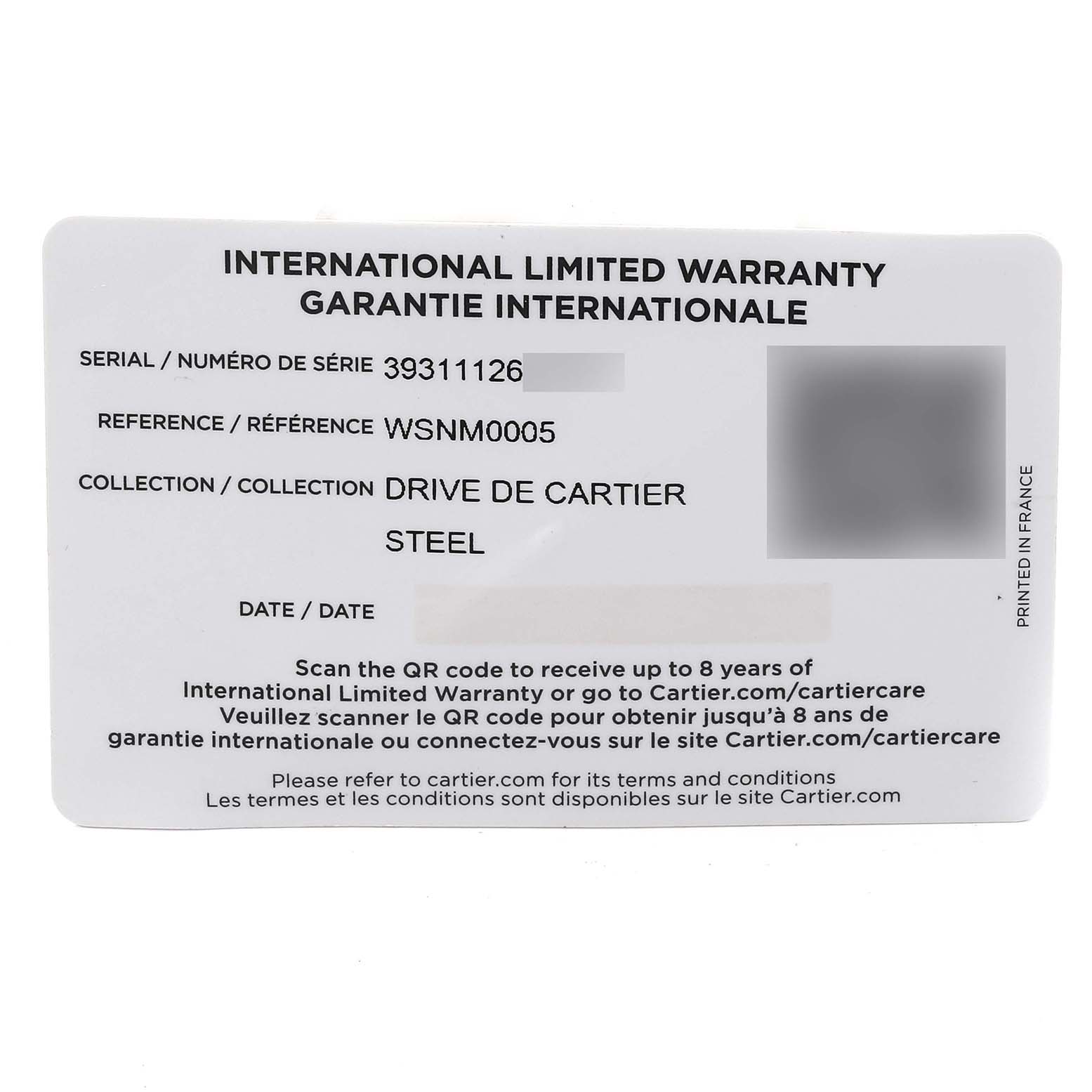 The image shows the international limited warranty card for the Drive de Cartier model by Cartier.