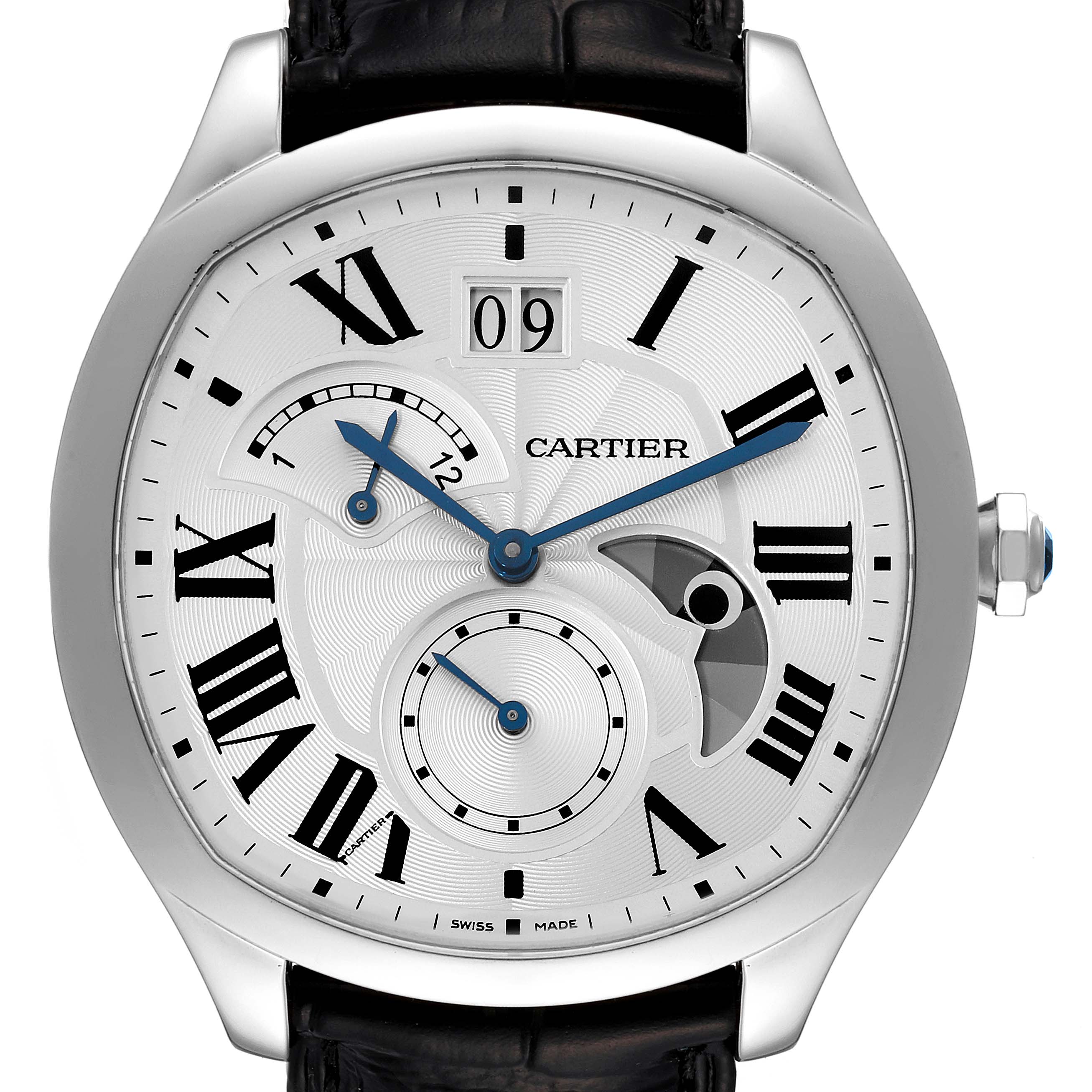 The image shows a frontal view of the Drive de Cartier watch by Cartier, displaying its dial and case.