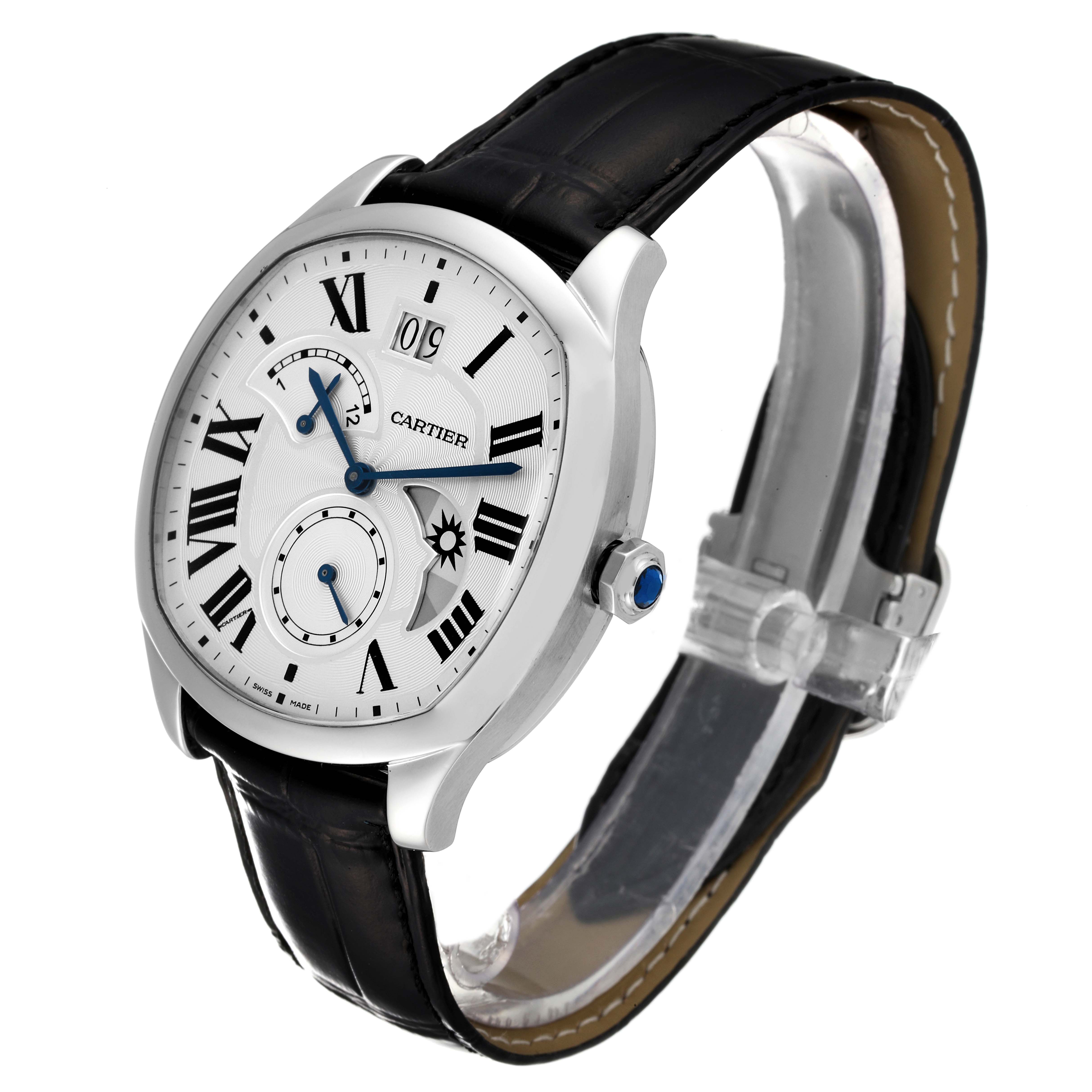 The Drive de Cartier watch by Cartier is shown at a three-quarter angle, highlighting the face, strap, and clasp.