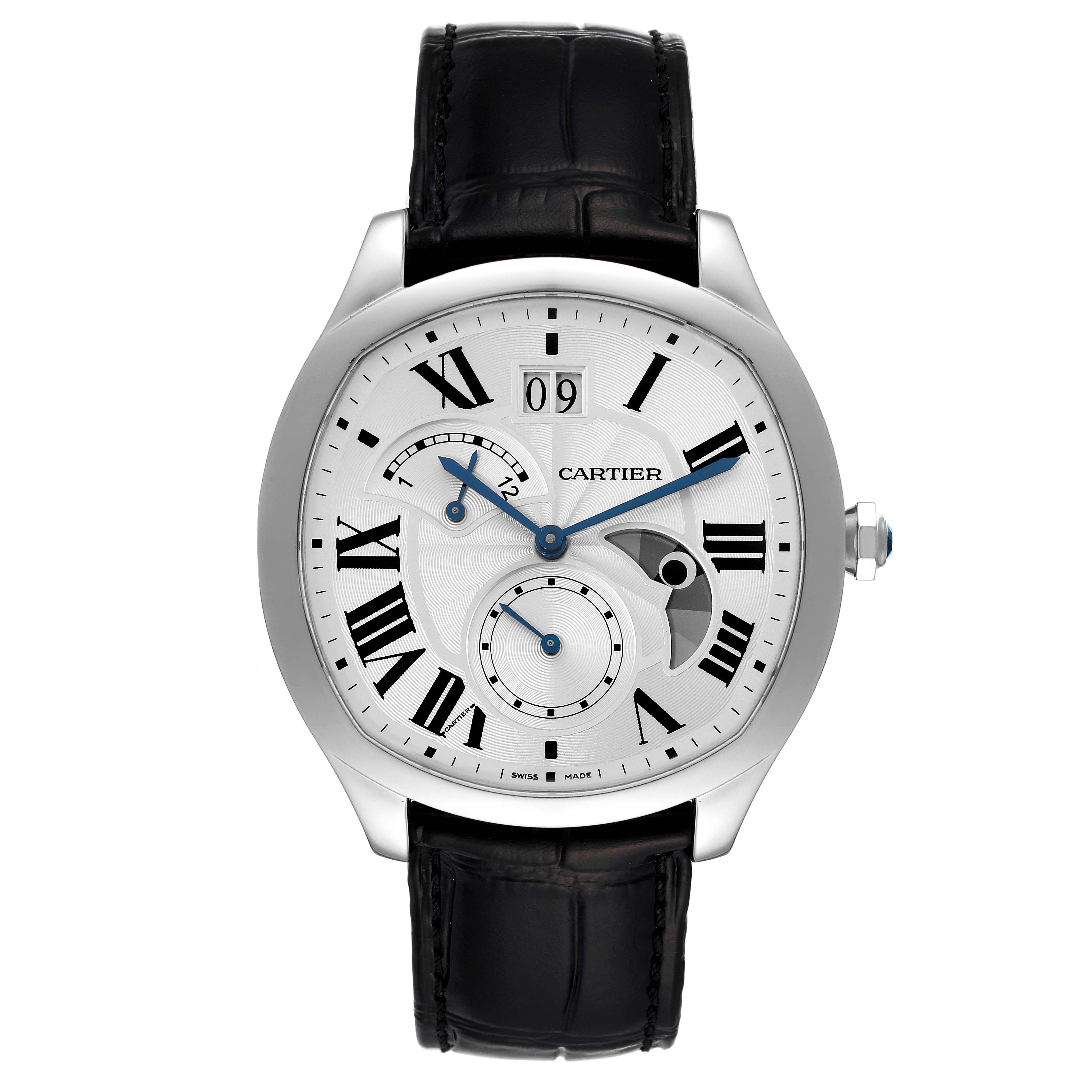 The image shows a front view of the Drive de Cartier watch by Cartier, highlighting its dial, Roman numerals, and leather strap.
