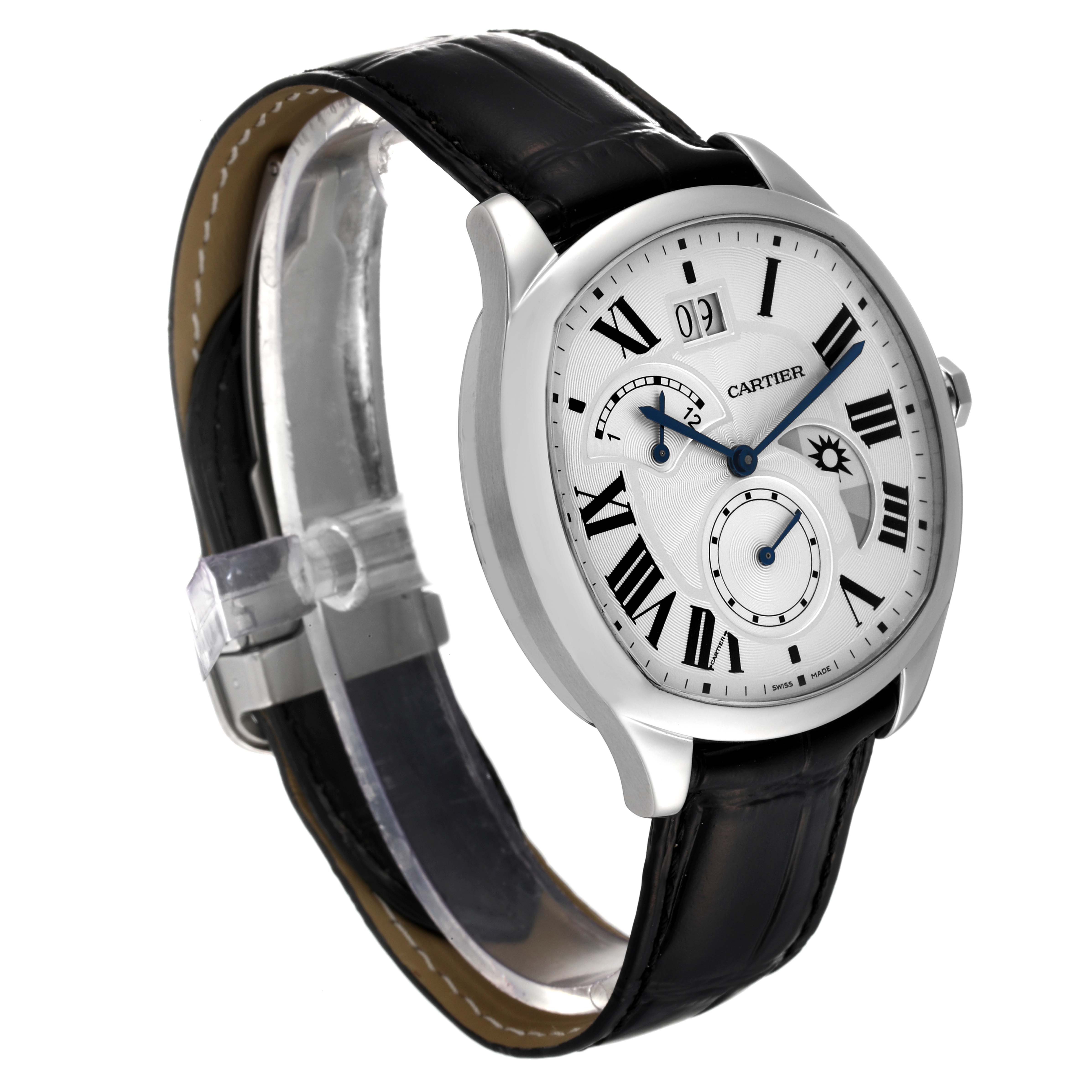 The image shows a Drive de Cartier watch by Cartier at a slight right angle, emphasizing its dial and black leather strap.