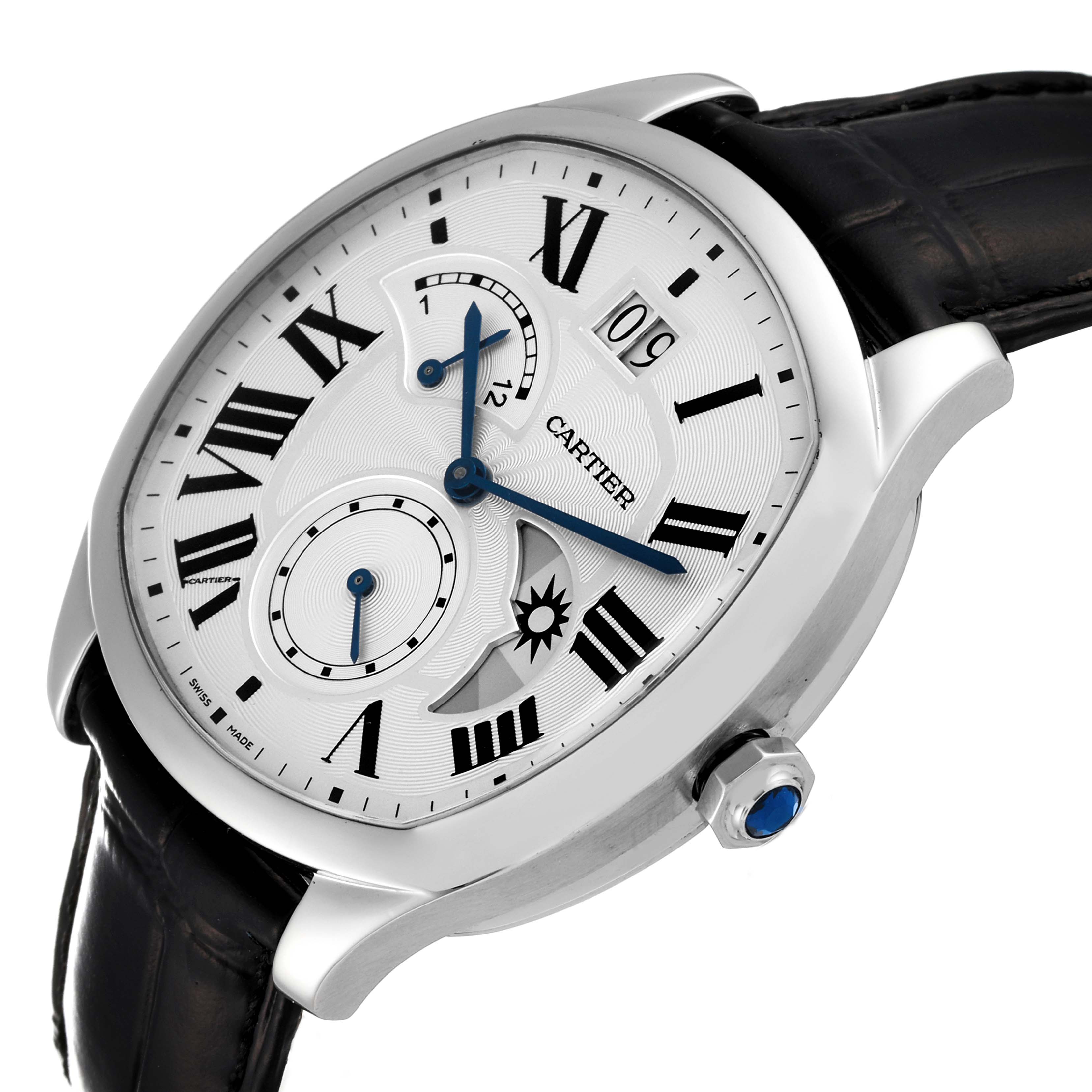 This Drive de Cartier watch by Cartier is shown at a slight angle, displaying the face, case, and part of the leather strap.